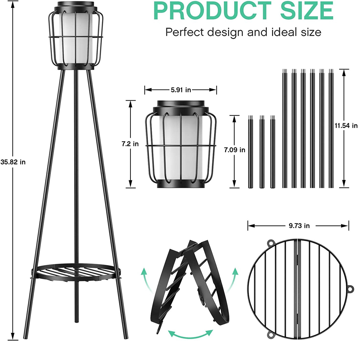Metal Solar Floor Lamps Outdoor with Plant Stand, 2 Pack Waterproof Solar Lantern Lights for Patio Deck Yard Garden Porch (Black)