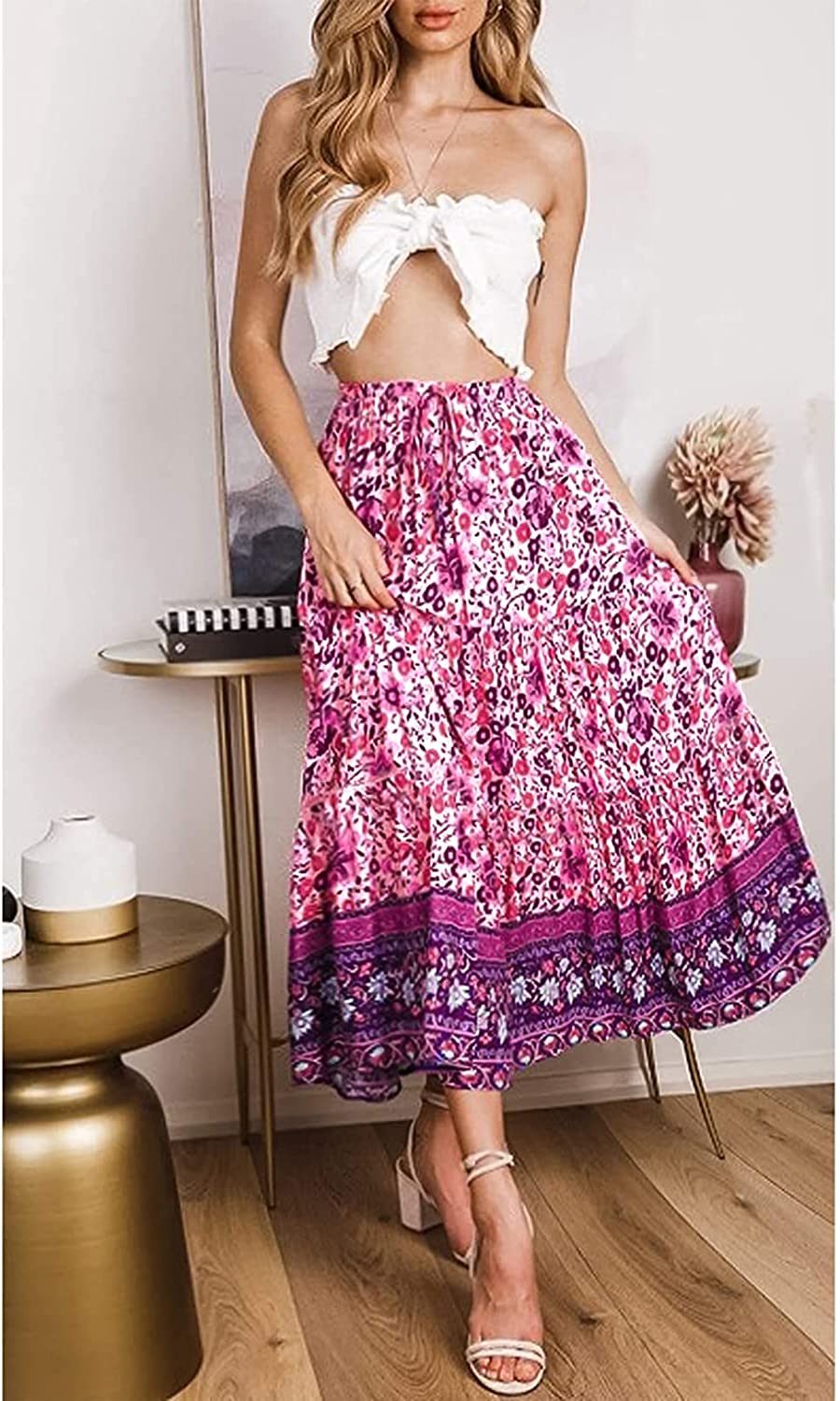 Women's Skirts Boho Floral Printed Elastic High Waist A Line Maxi Skirt with Pockets