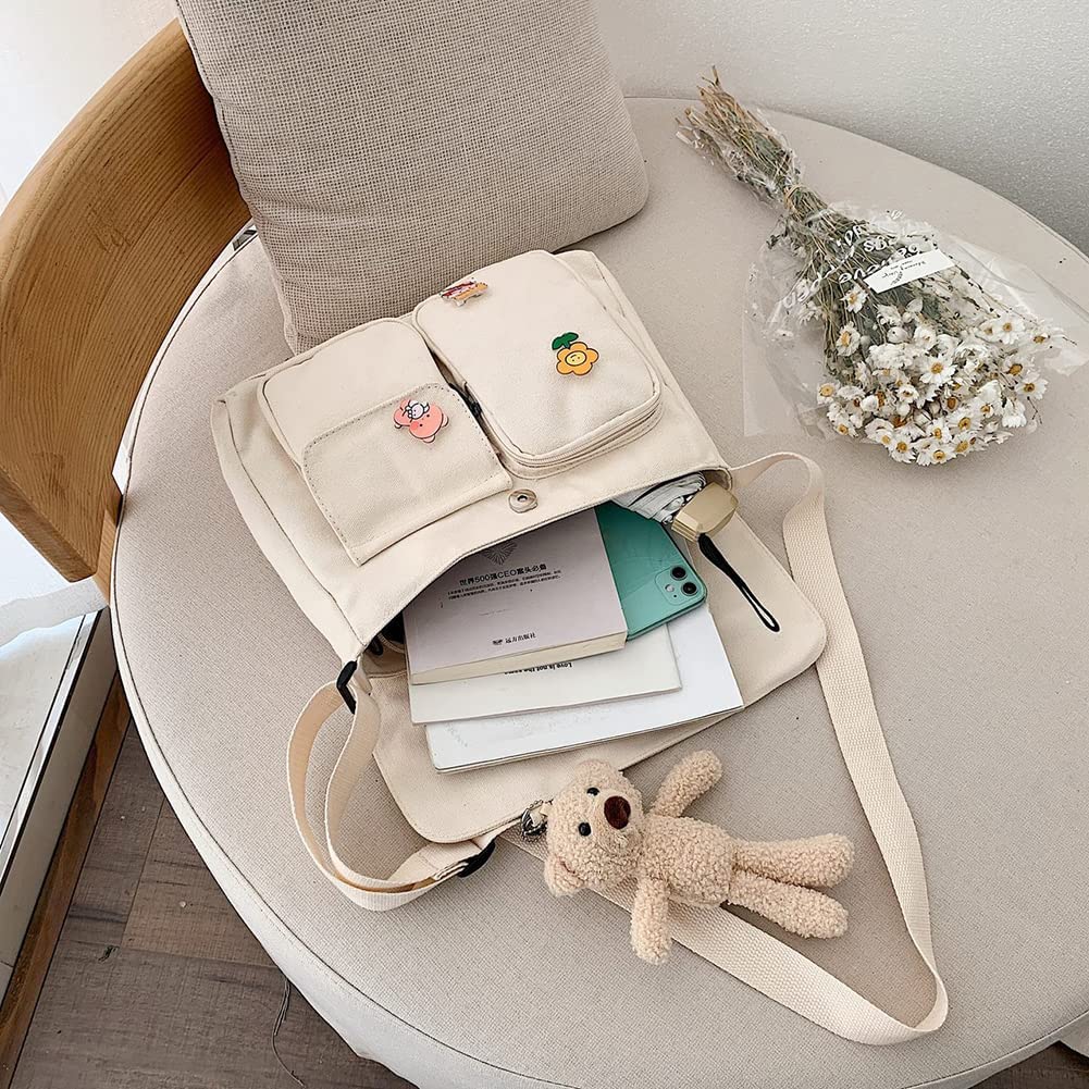 Canvas Crossbody Bag with Kawaii Pins and Pendent for Women Girls Casual Shoulder Messenger Bag Students Schoolbag