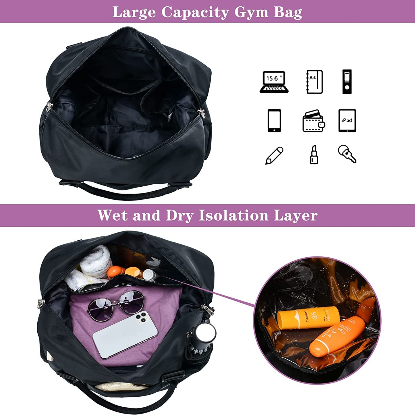 Women Travel Bags Carry On Weekender Bag,Gym Duffle Bag with Yoga Mat Buckle Black