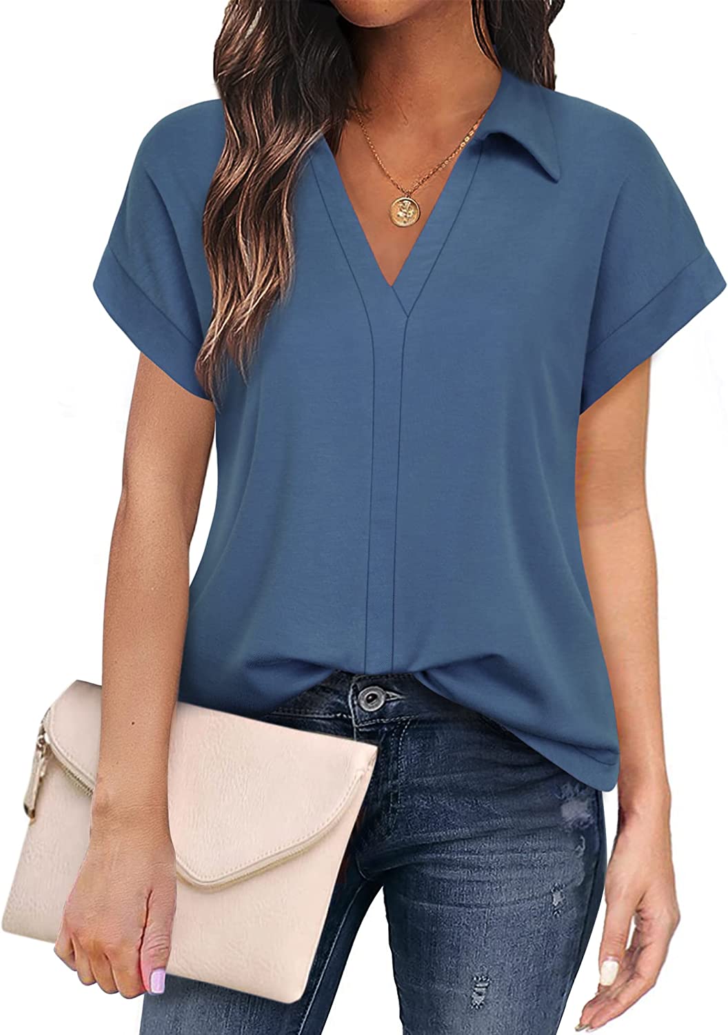Women's Short Sleeve Tops and Blouses Business Casual Collared Tunic Shirt