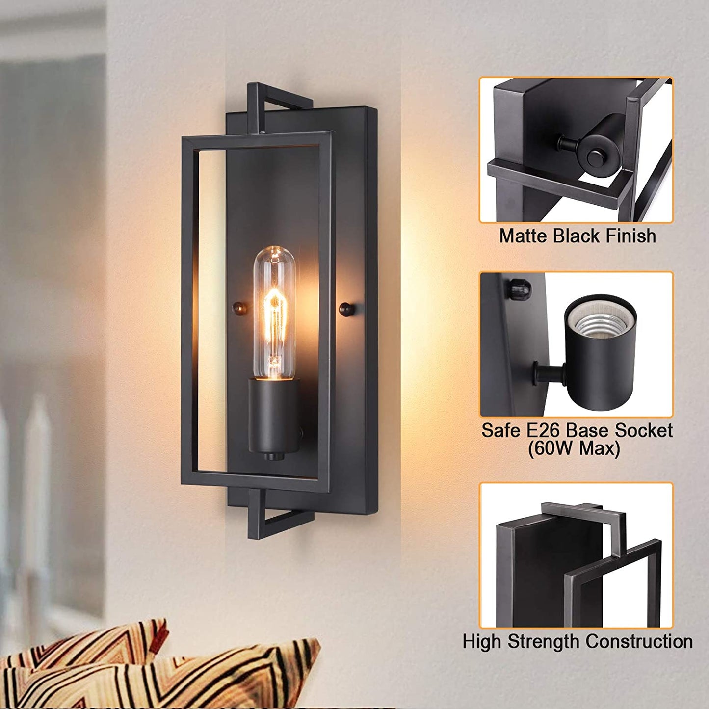 Industrial Wall Sconces Set of 2, Vintage Wall Light Fixture with E26 Base, Matte Black, Metal Rustic Wall Mount Lamp, Modern Indoor Wall Sconce Lighting Hardwired for Living Room Bedroom