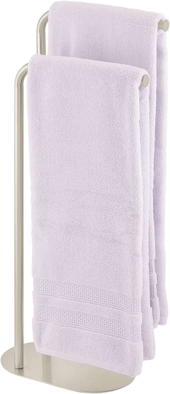 mDesign Tall Modern Metal Towel Rack Holder - 2 Tier Organizer for Bathroom Storage and Organization Next to Tub or Shower, Holds Bath & Hand Towels, Washcloths - Satin