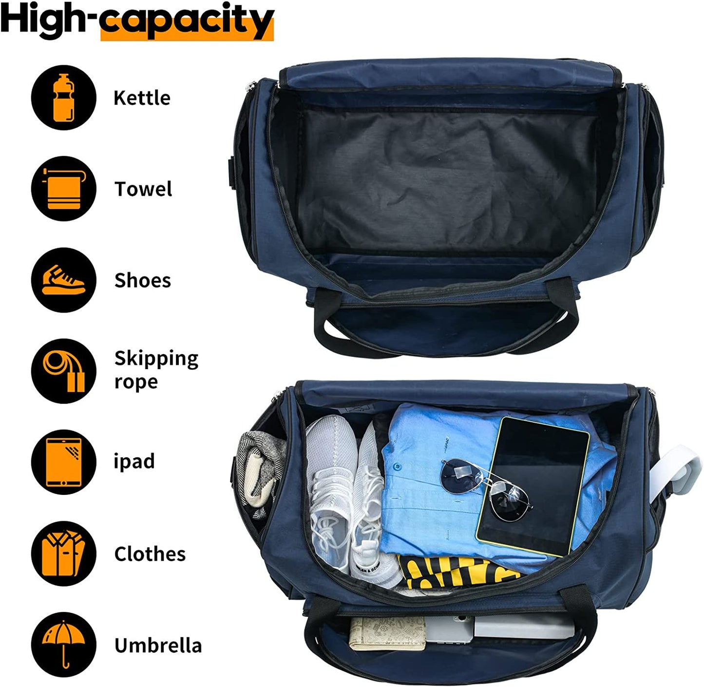Gym Bag for Men Women Large Sports Duffle Bags 55L Travel Duffel Bag Navy Blue