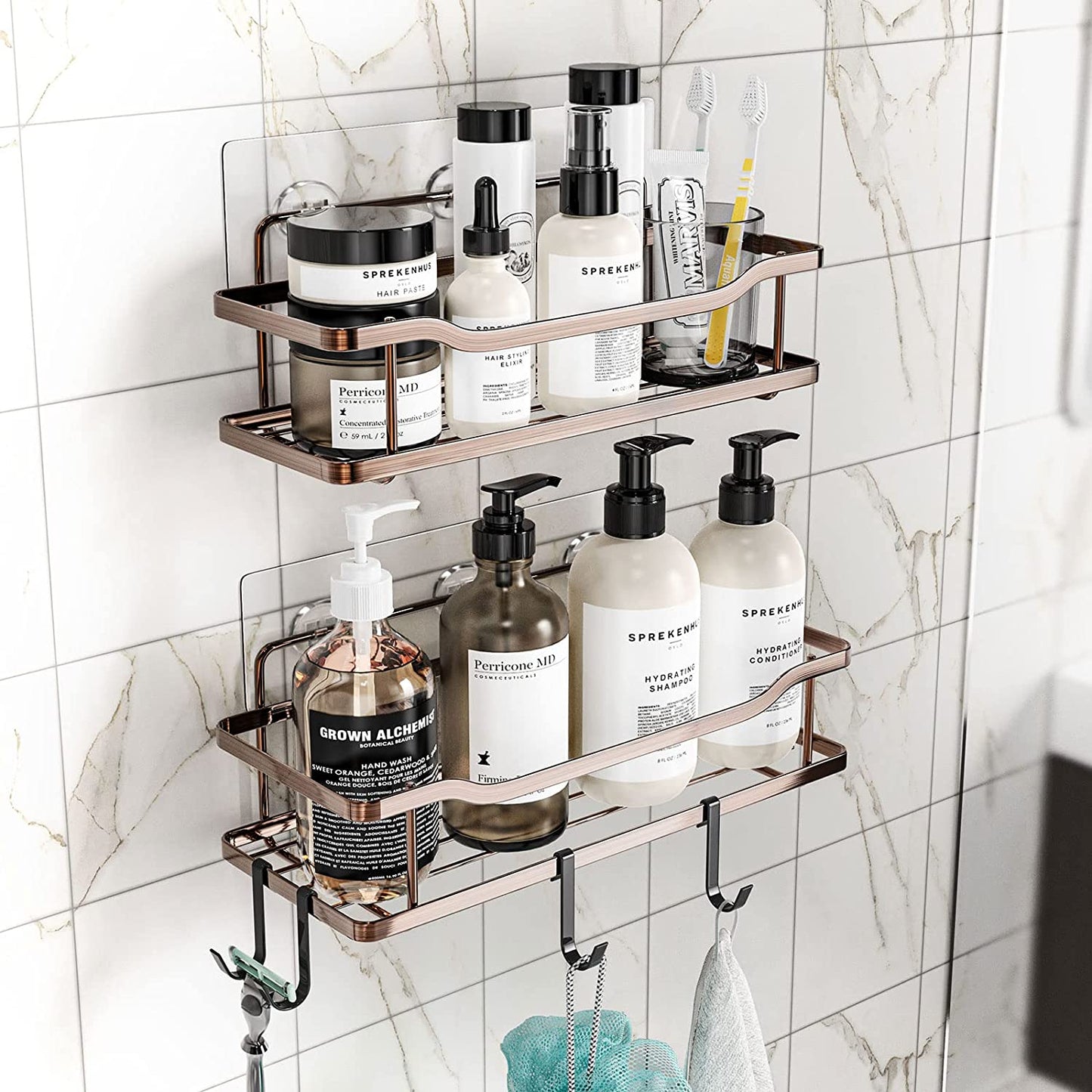 2-Pack Adhesive Shower Caddy, Shower Shelf, No Drilling Rustproof Stainless Steel OMAIRA Shower Organizer for Inside Shower & Kitchen Storage (Matte Black)