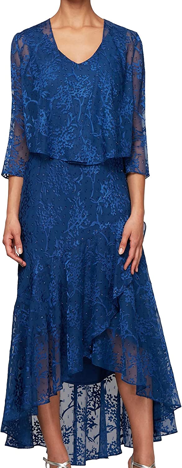 Evenings Women's Tea Length Printed Chiffon Dress with Shawl