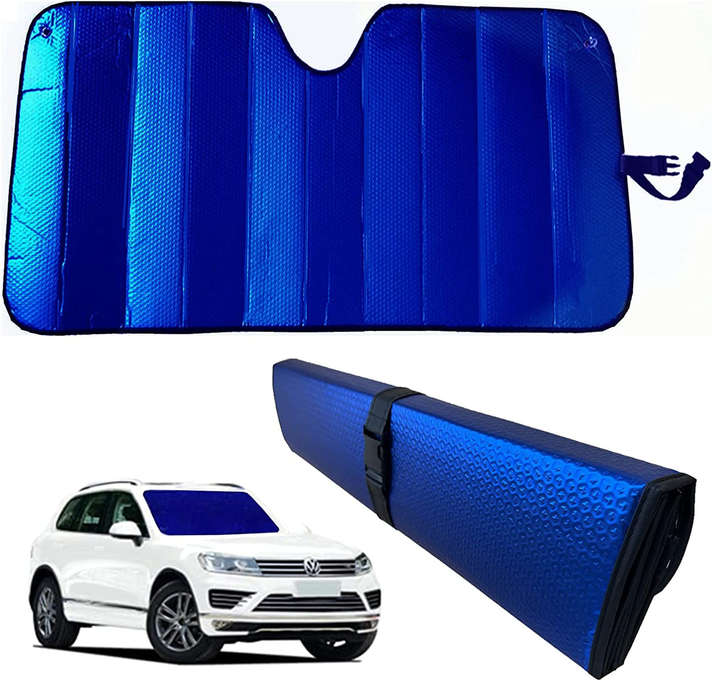 Car Windshield Sunshade-Thicken 5-Layer Bubble Block Heat and Sun UV Rays,Front Windshield Sun Shade,Sun Visor for Car- Keeps Your Vehicle Cool - 58 x 27.5 Inch (Blue)