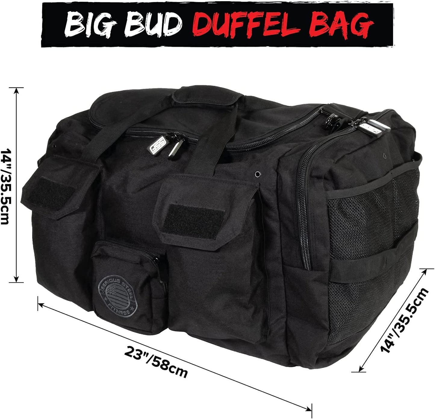 Serious Steel Fitness Gym Bag | 1000D Nylon Duffel Bag | Heavy Duty (Black - Big Bud)