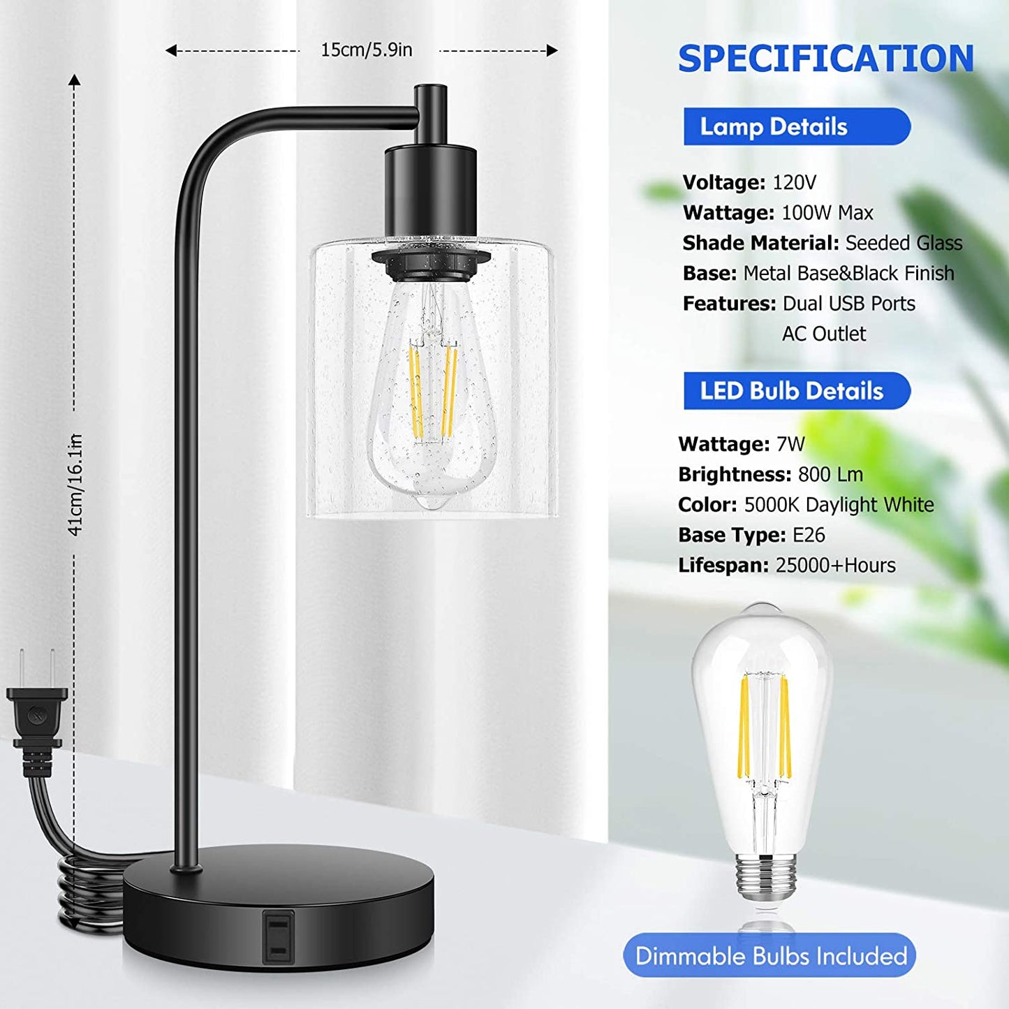 Vintage Touch Control Industrial Table Lamps Set of 2 with Seeded Glass, Bedside Nightstand Lamps 3-Way Dimmable Desk Lamp for Bedroom Reading, Living Room