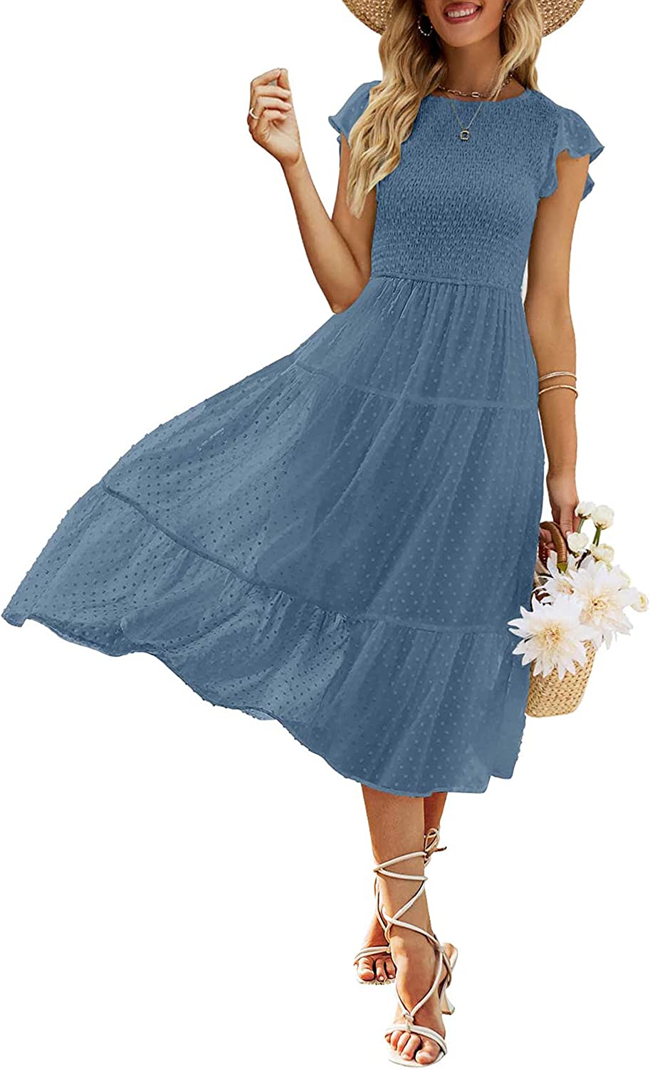 Women's Summer Flutter Short Sleeve Smocked Midi Dress Swiss Dot Flowy Tiered Dresses