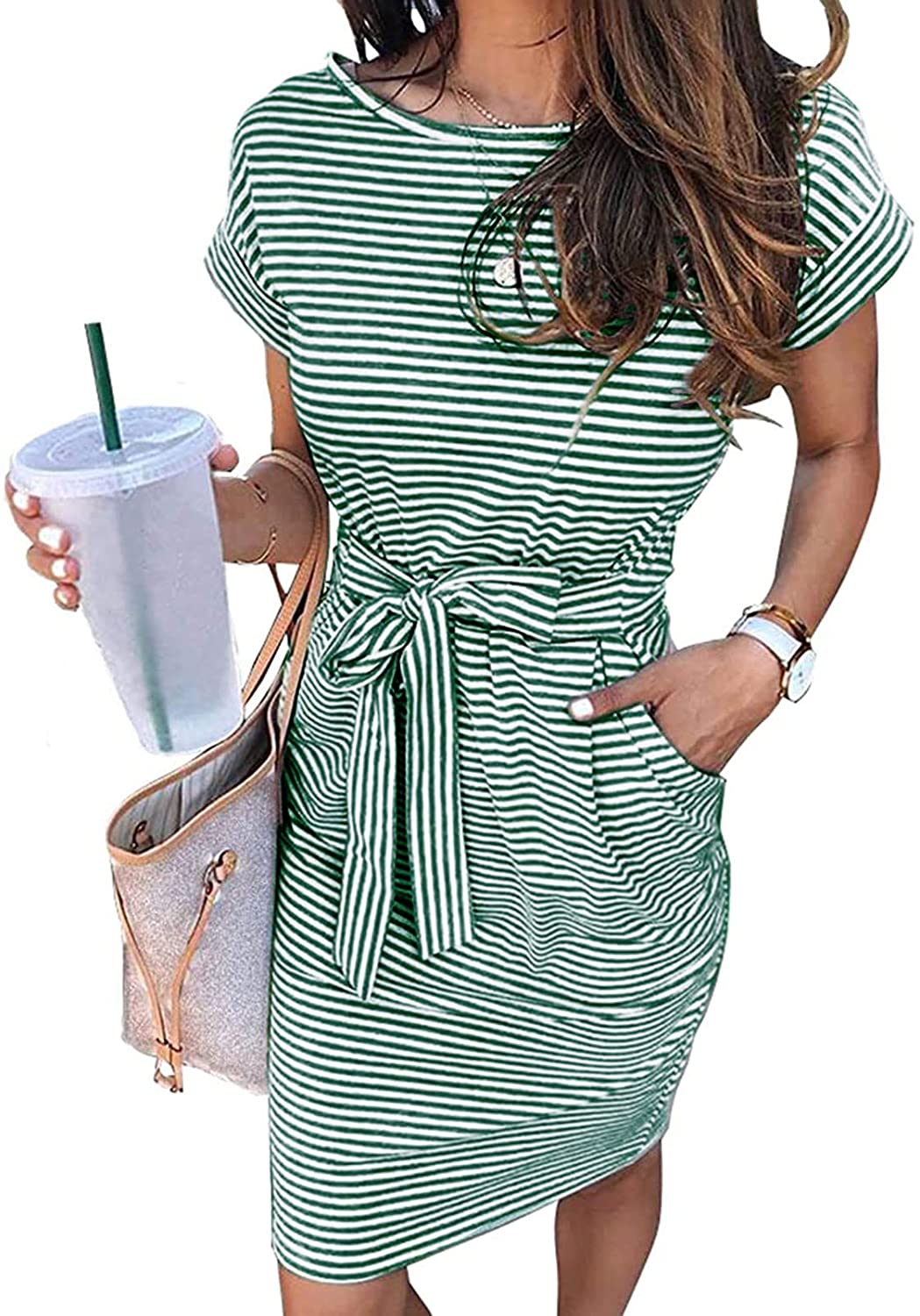 Women's Summer Striped Short Sleeve T Shirt Dress Casual Tie Waist Midi Dress