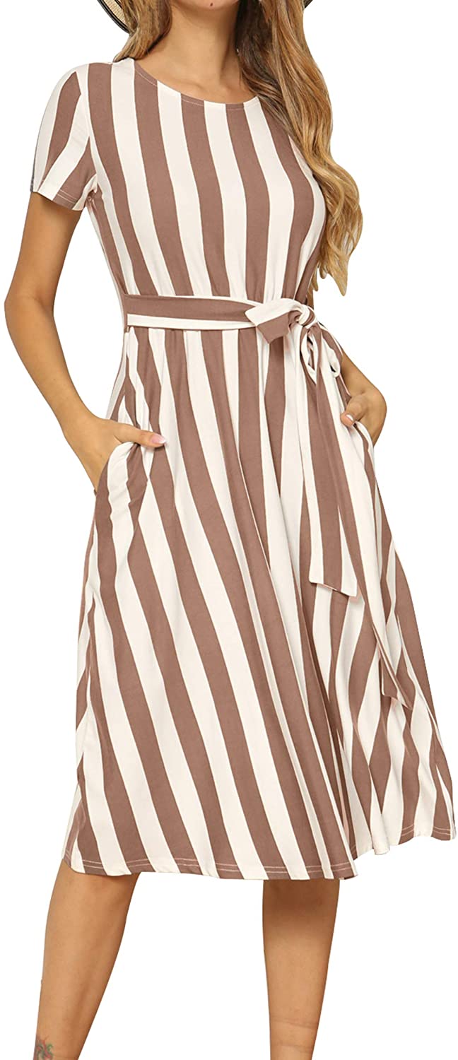Women's Short Sleeve Striped Casual Flowy Midi Belt Dress with Pockets