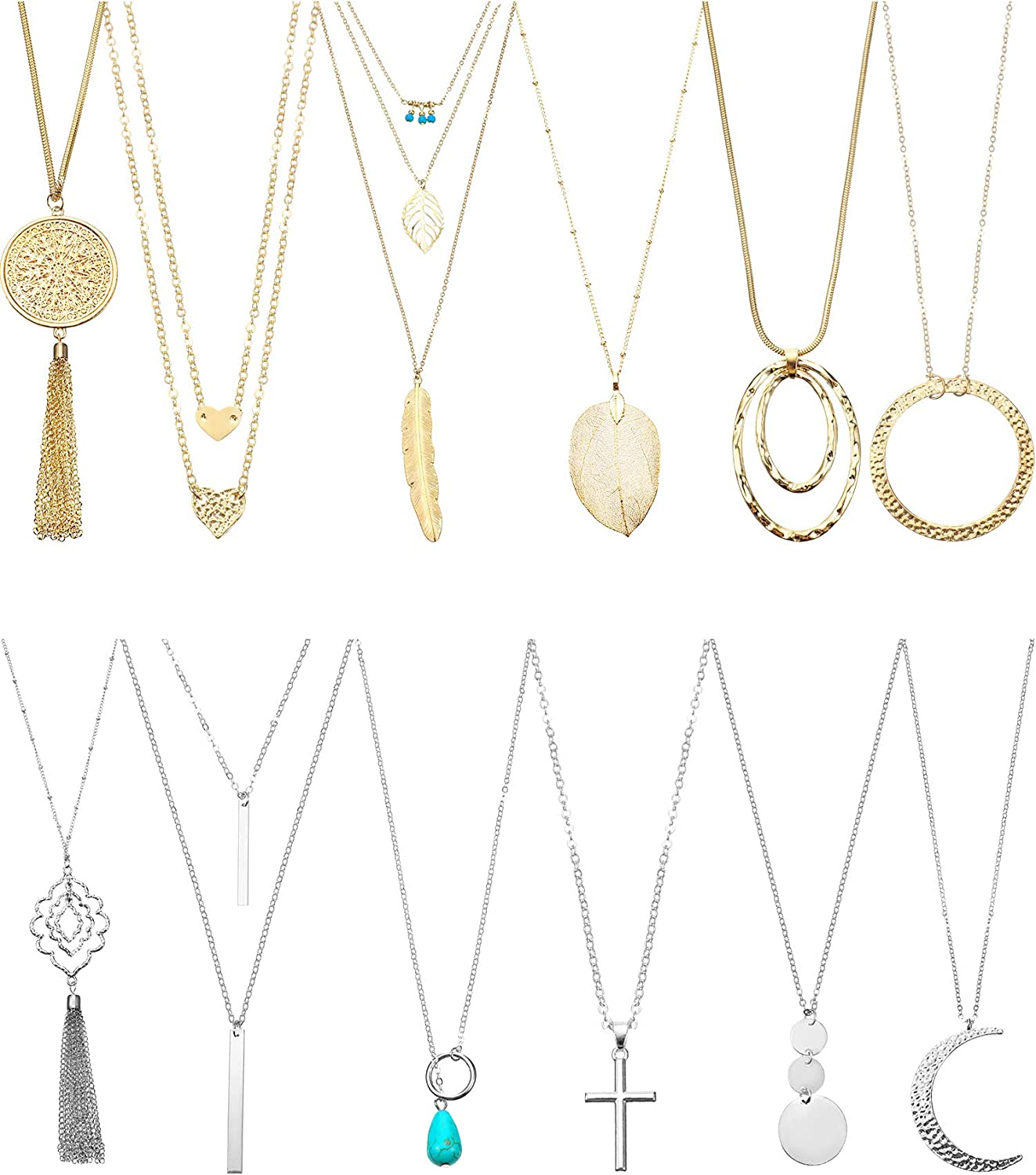 12 Pieces Long Pendant Necklace Set Y Tassel Leaf Circle Bar Necklace for Women