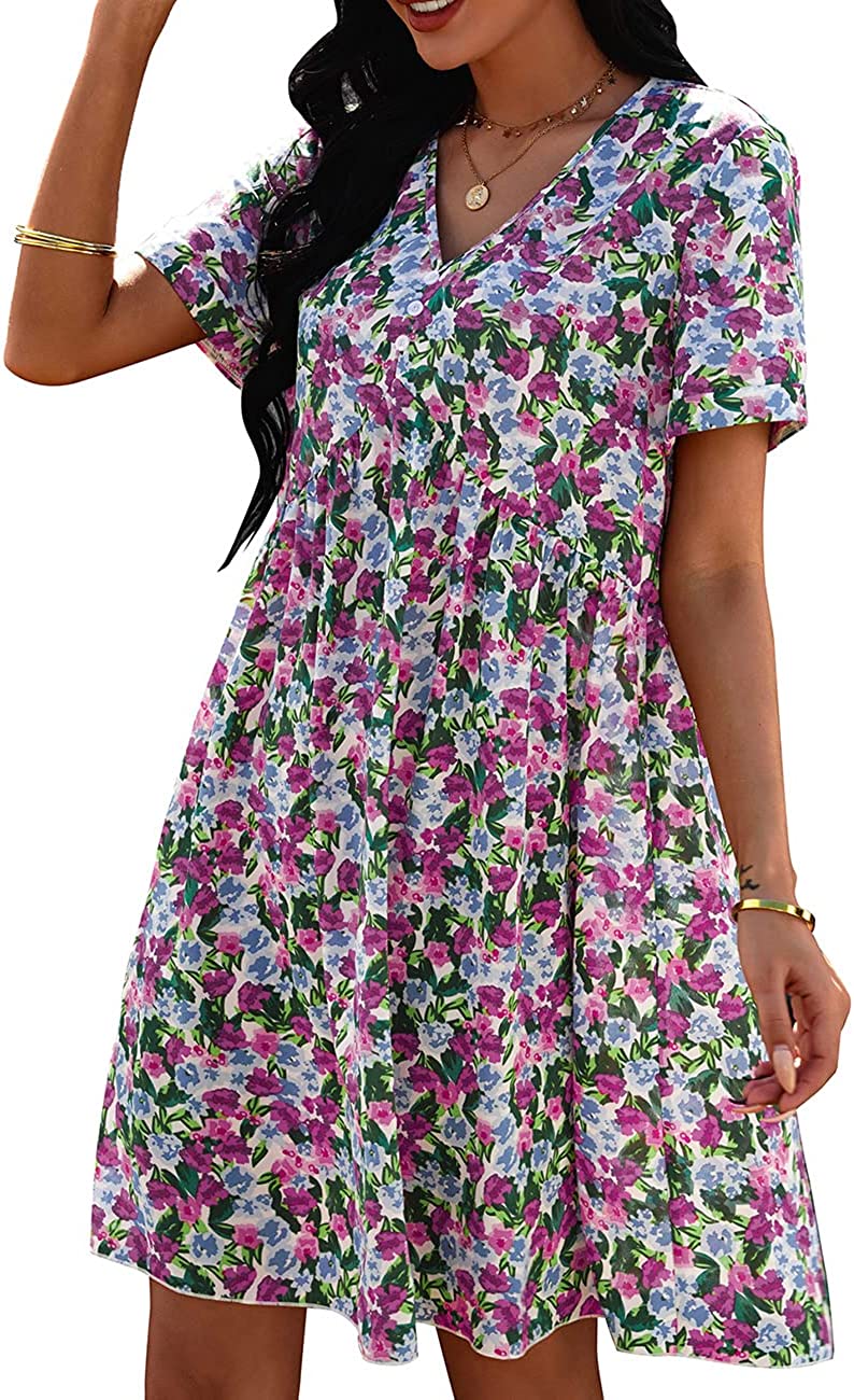 Summer Dress for Women Short Sleeve V Neck Ruffled Floral Swing A-Line Dresses