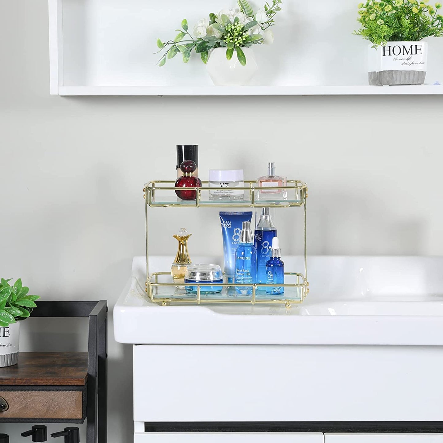 2-Tier Bathroom Organizer Countertop, Bathroom Countertop Storage Shelf with Removable Marble Glass Tray , Vanity Tray Cosmetic Organizer Holder Gold