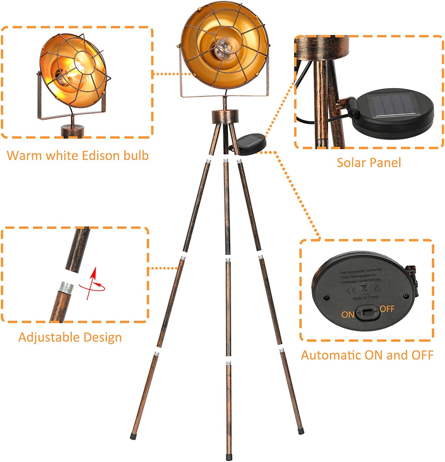 Solar Patio Floor Lamp Outdoor Pathway, Solar Powered Tripod Spotlight Standing Floor Lamp Waterproof Cordless Path Deck Lights Decorative for Garden Patio Lawn Edison Bulb Included