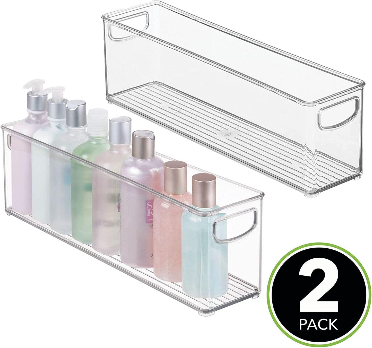 mDesign Plastic Bathroom Organizer - Storage Holder Bin with Handles for Vanity, Cupboard, Cabinet Shelf, Linen or Hallway Closets, Holds Styling Tools, Beauty Products, or Toiletries - 2 Pack - Clear