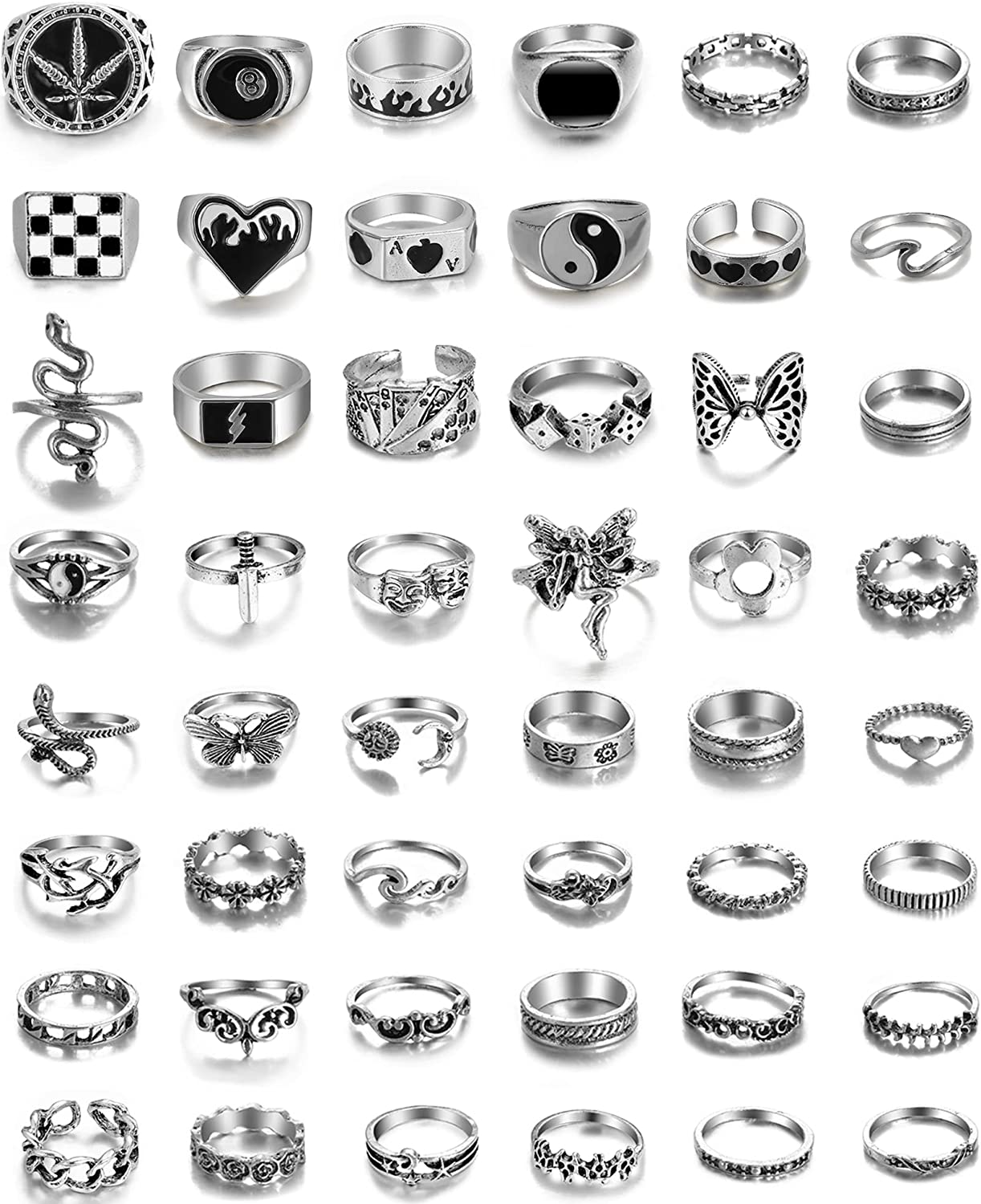 Vintage Silver Open Punk Rings for Men Women, 24PCS Adjustable Rings, Alt Rings, Chunky Silver Rings, Bulky Rings, Hippie Rings ,Cool Gothic Ring,Statement Stacking Ring, Skull Snake Star Flower Heart Eboy Emo Y2K Ring