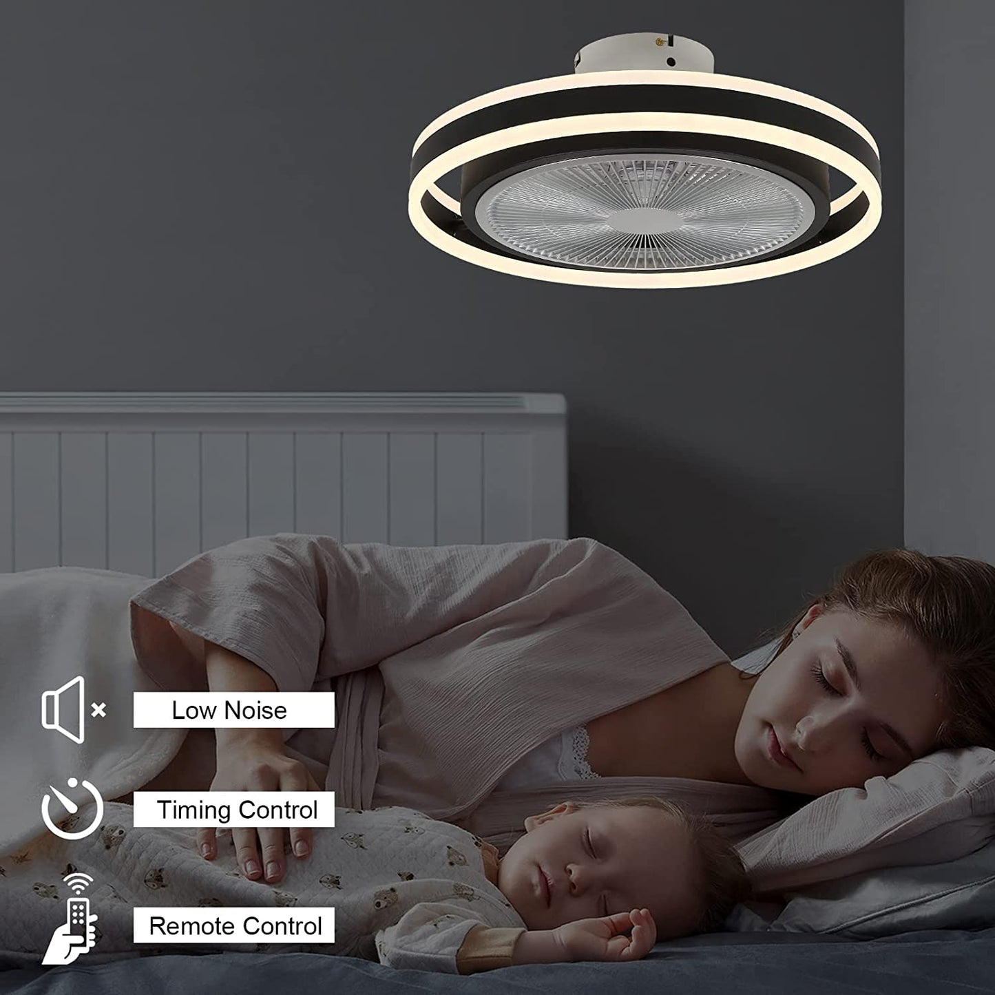 Ceiling Fan with Lights Remote Control 20" Enclosed Low Profile Ceiling Fan with Light Flush Mount Bladeless Ceiling Fan 3 Speed 3 Color Dimmable 72W Modern Ceiling Fan Light Kit for Bedroom Kitchen