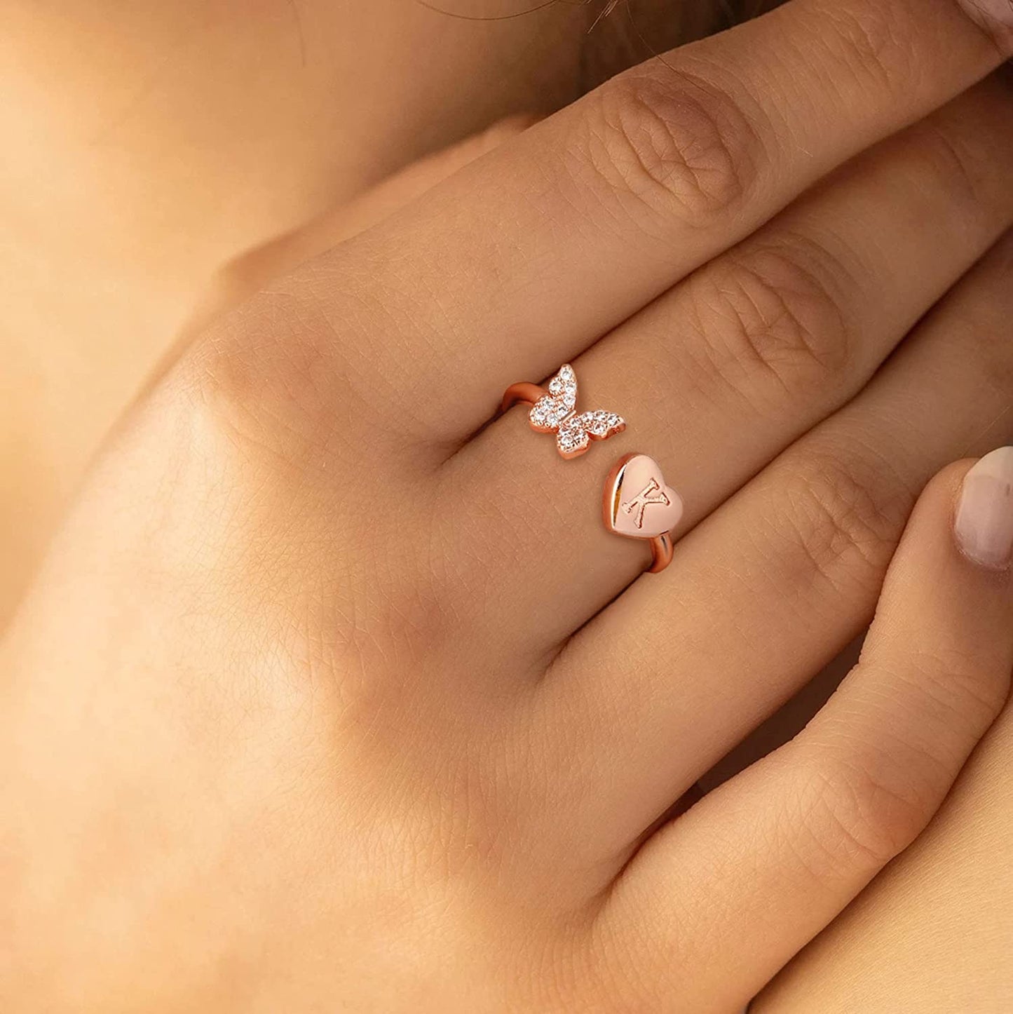 Stackable Initial Rings for Women Girls, Rose Gold Plated Butterfly Capital Letter Initial Rings for Women Teens Girls Letter Rings Stackable Rings for Girls Teen Girls