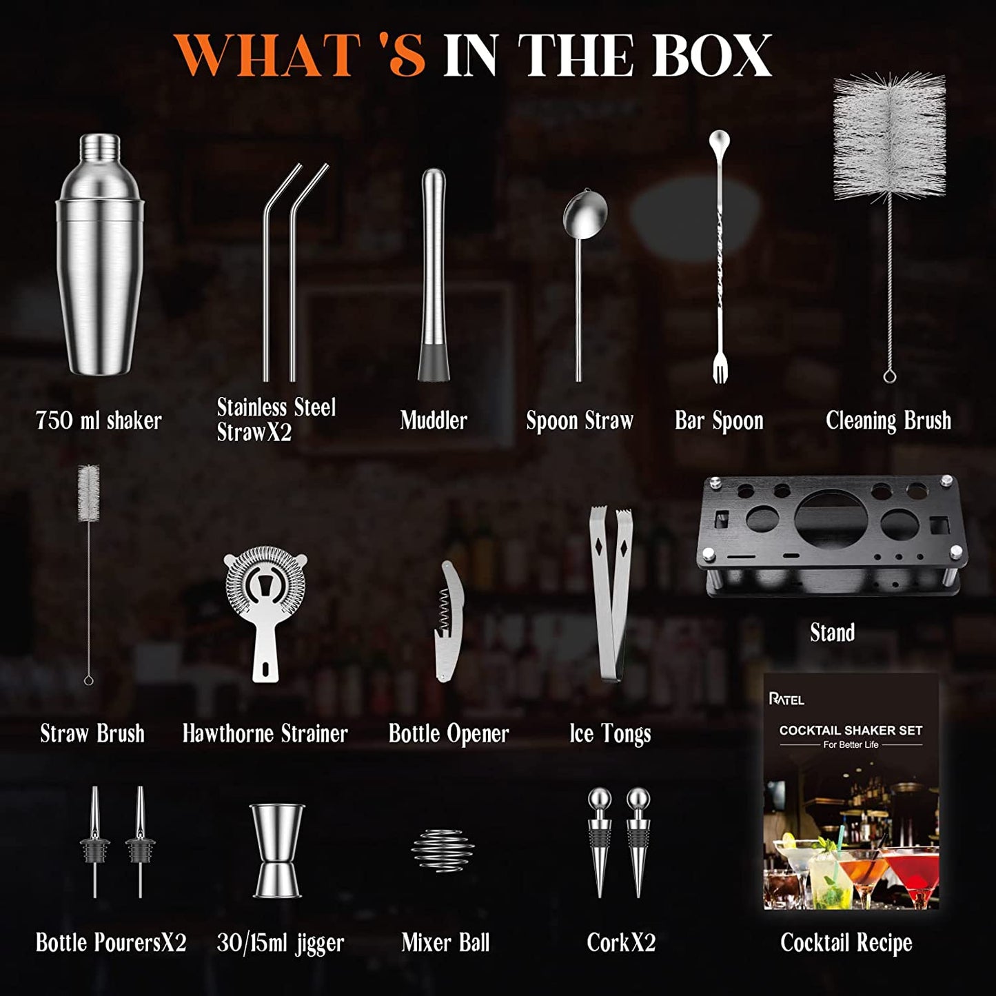Cocktail Shaker Set, RATEL Bartender Kit 18 Piece Stainless Steel Bar Tools with Stand & Cocktail Recipes Booklet, Professional Bartender Shaker Set for Beginners Home Bar Parties
