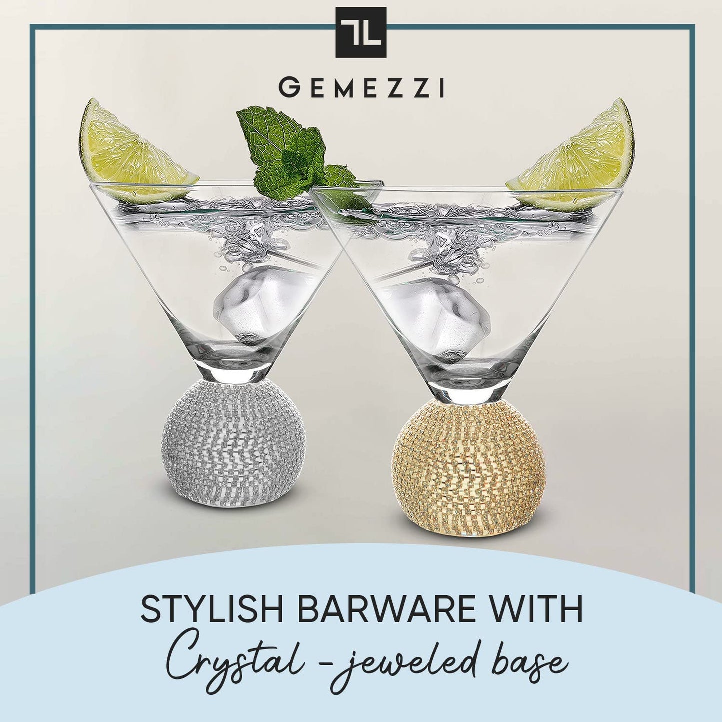 Gemezzi Stemless Martini Glasses Set of 2, Gold Stemless Cocktail Glass, Crystal Ball Base in Elegant Box, Perfect Bar Accessories for Margarita, Manhattan, Cosmos, Mixed Drinks, and Desserts