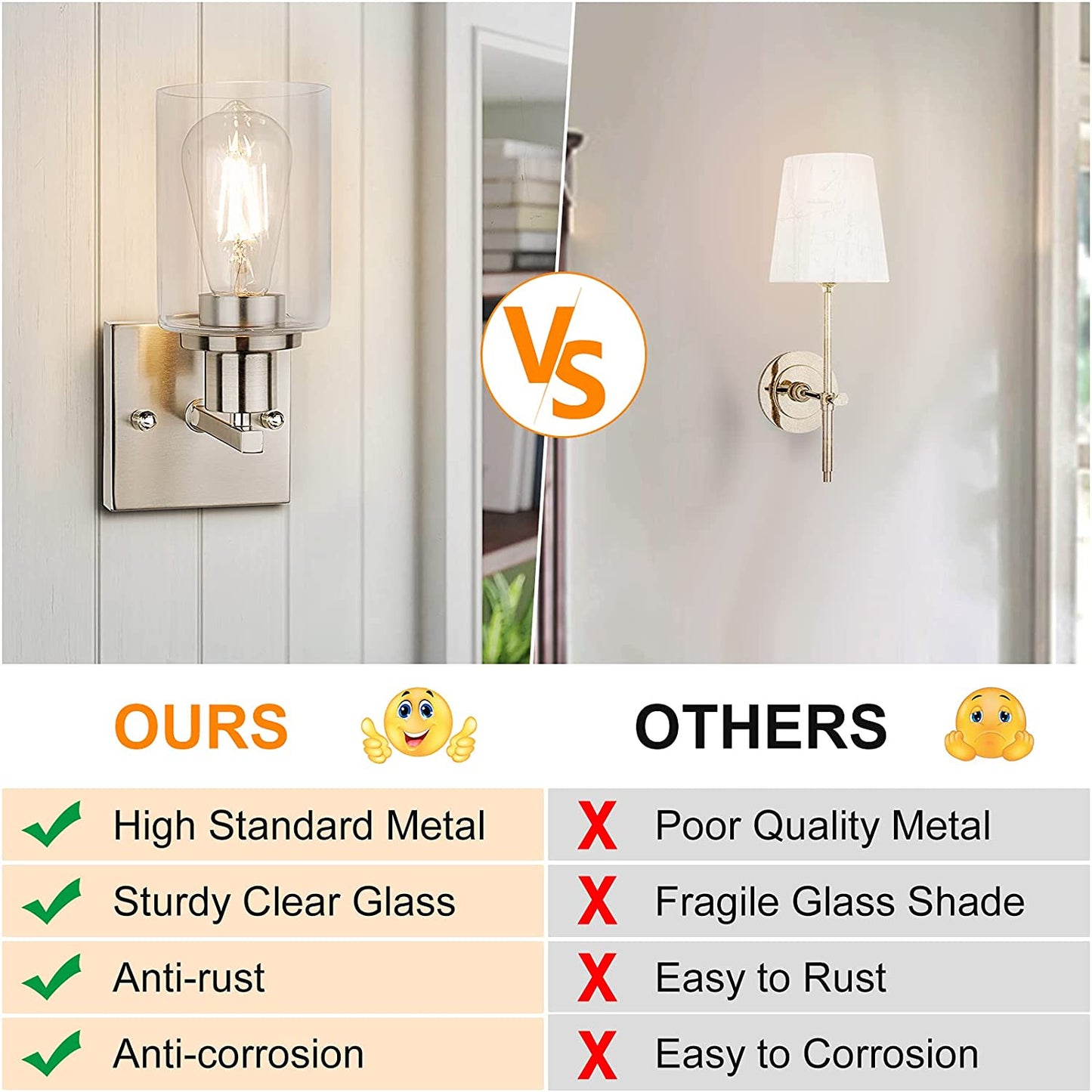 Sconces Set of 2, Brushed Nickel Sconces Wall Lighting, Modern Bathroom Vanity Light Fixtures, Farmhouse Metal Wall Lamp with Clear Glass Shade, Wall Mount Lights for Mirror Bedroom Hallway