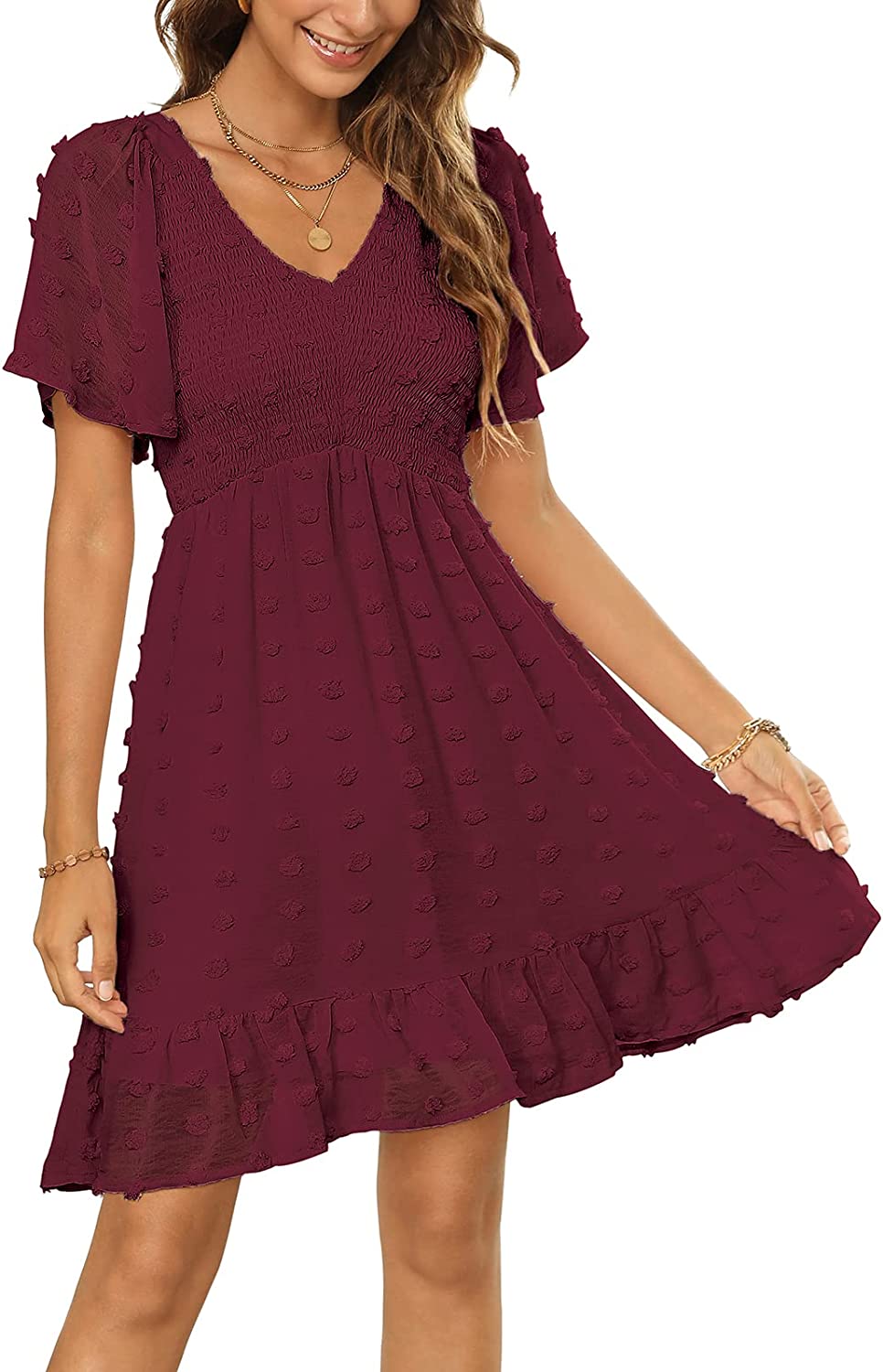 Womens Smocked Flutter Sleeve V Neck Ruffle Mini Swiss Dot Babydoll Dress