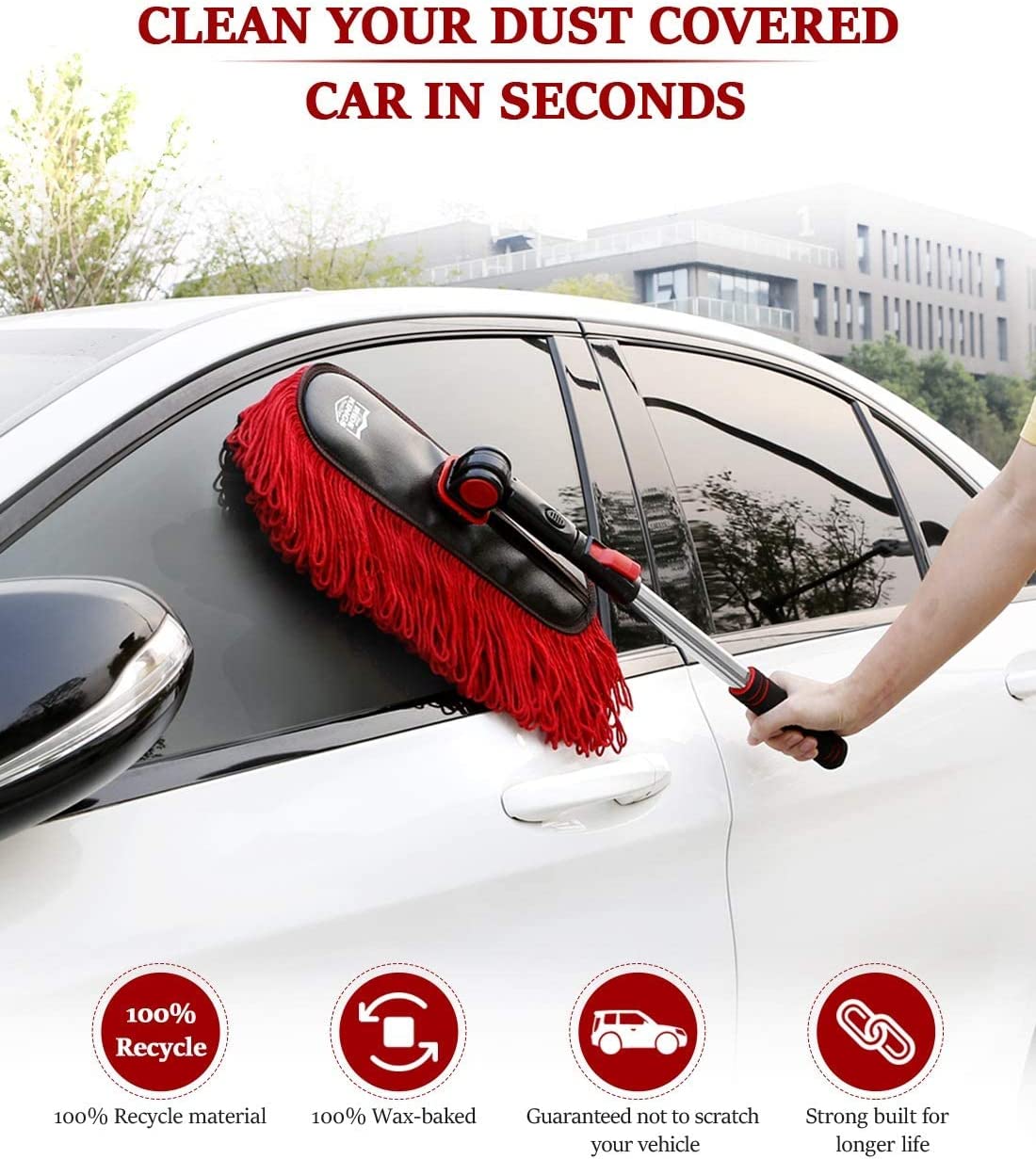 Car Duster Exterior Scratch Free,Car Dust Brush with Extendable Telescoping Handle to Remove Dust Pollen,Duster for Car,Truck,RV and Motorcycle,Large Car Mop Duster Head, Wax Cotton Hair