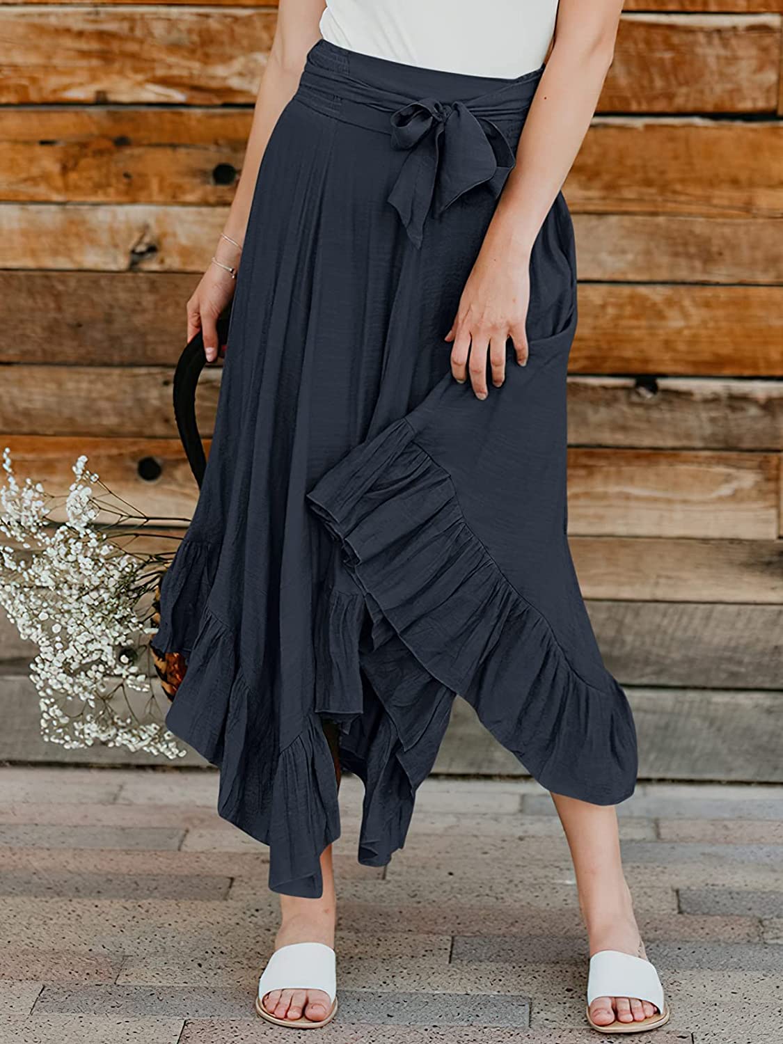 Women’s Maxi Skirt High Waist Tie Front Pleated Flowy Ruffle Asymmetric Long Skirts