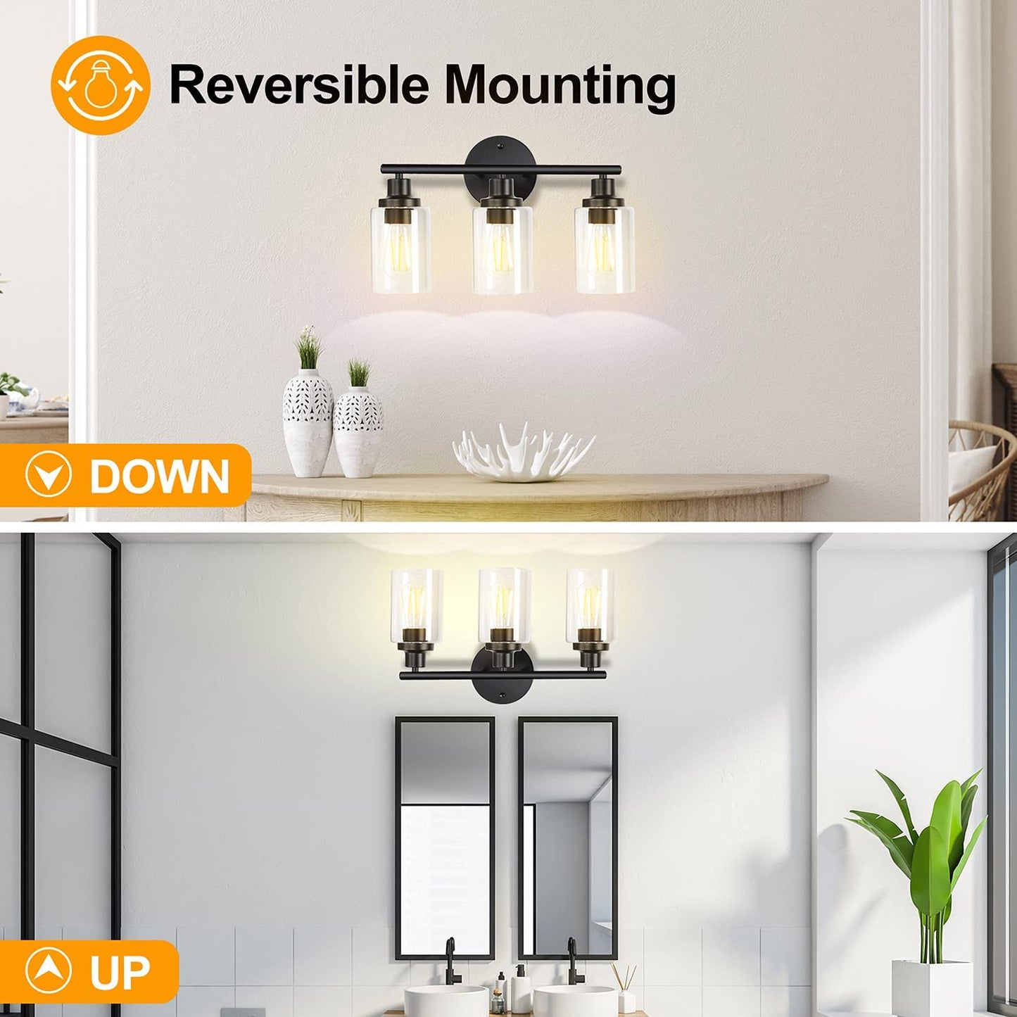 Bathroom Light Fixtures Black Vanity Light, 3 Light Wall Sconces Lighting Bathroom Lights with Clear Glass Shades, Bath Wall Lights Wall Lamp for Mirror, Kitchen, Living Room, Bedroom, Hallway