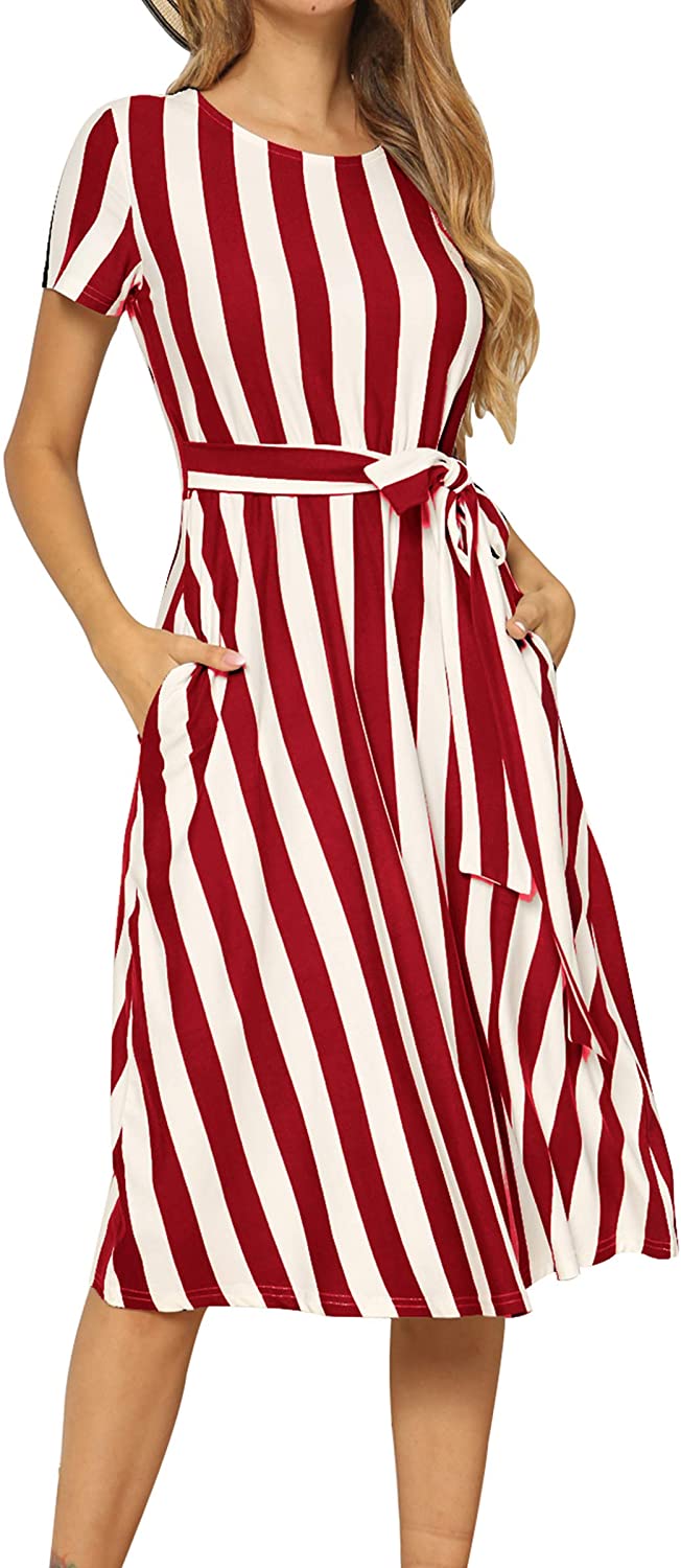 Women's Short Sleeve Striped Casual Flowy Midi Belt Dress with Pockets