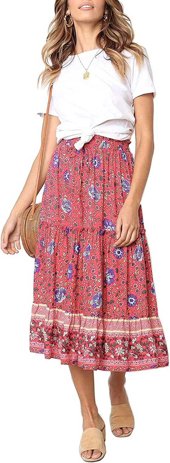 Women's Skirts Boho Floral Printed Elastic High Waist A Line Maxi Skirt with Pockets