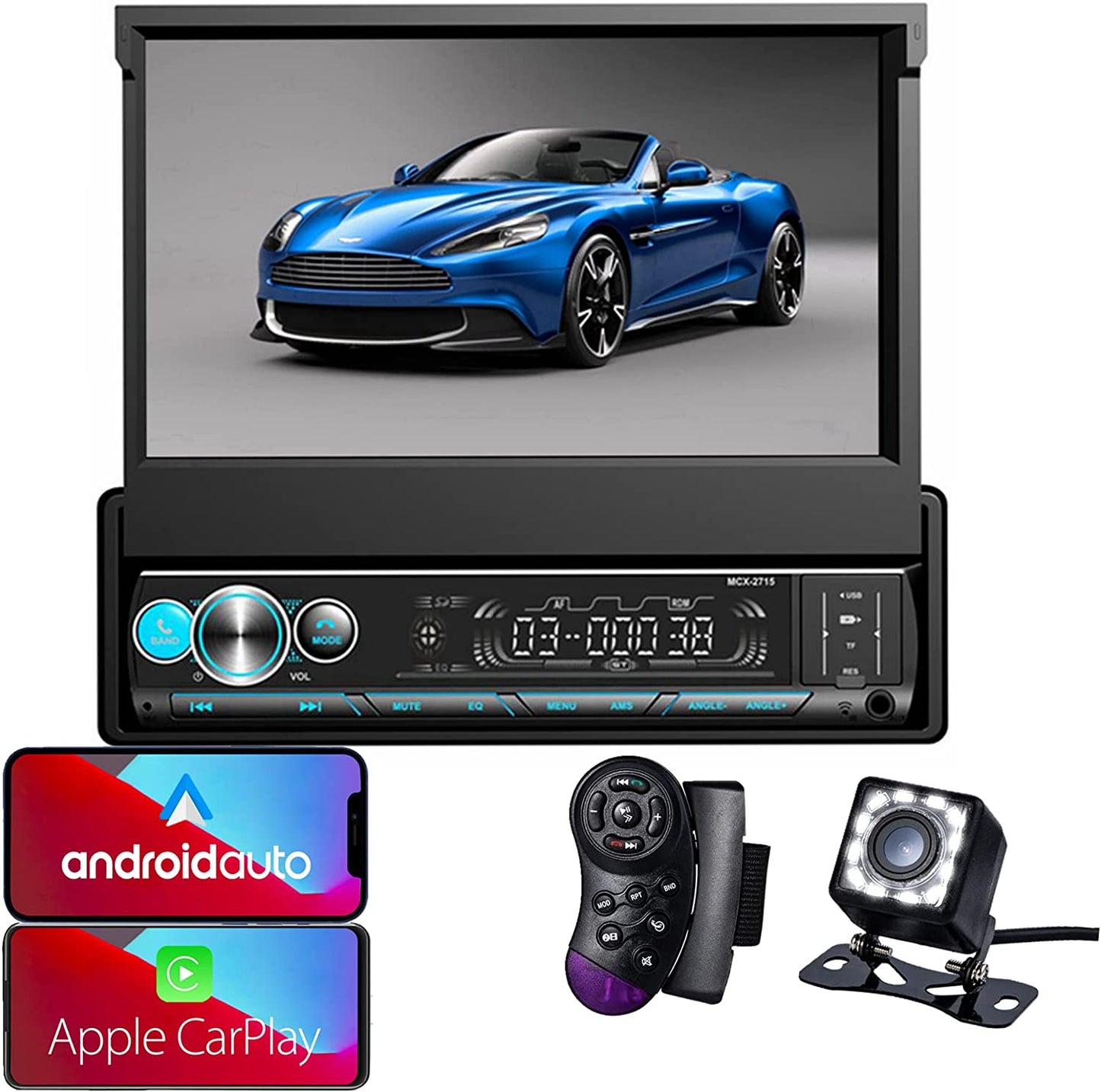 Single Din Car Stereo with CarPlay and Android Auto, Bluetooth Car Stereo with Backup Camera 7Inch flip Out Touch Screen Car Radio MP5 Player Support USB, TF, Radio, Aux-in, SWC,Mirror Link