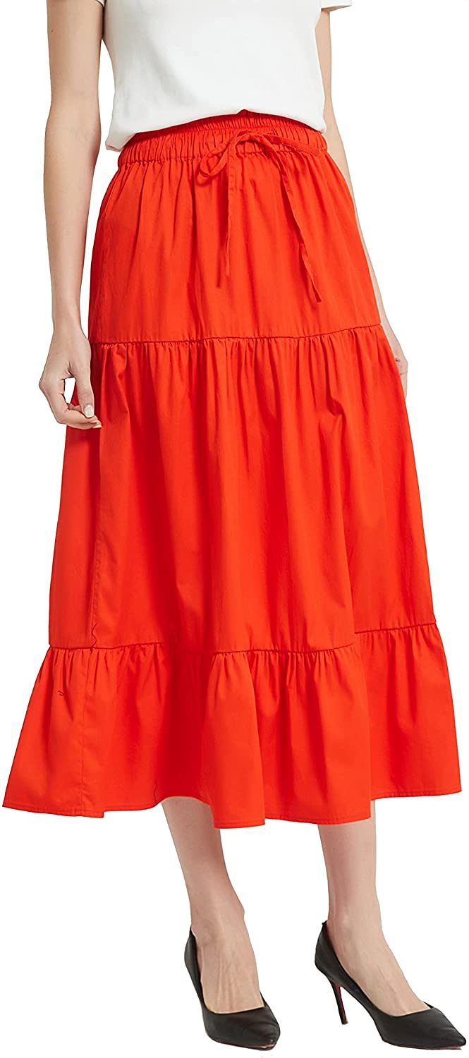 Womens A Line Long Midi Denim Skirt Tired Pleated Layers Elastic Waist Front Drawstring