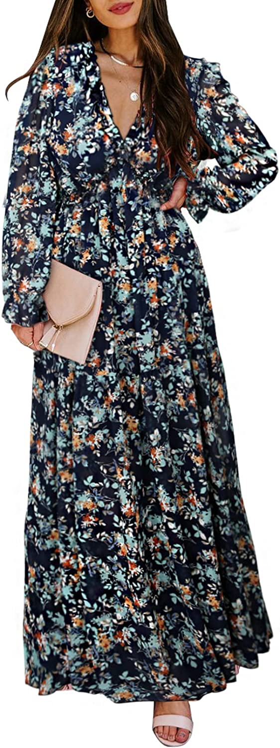 Womens Casual Floral Deep V Neck Long Sleeve Long Evening Dress Cocktail Party Maxi Wedding Dresses