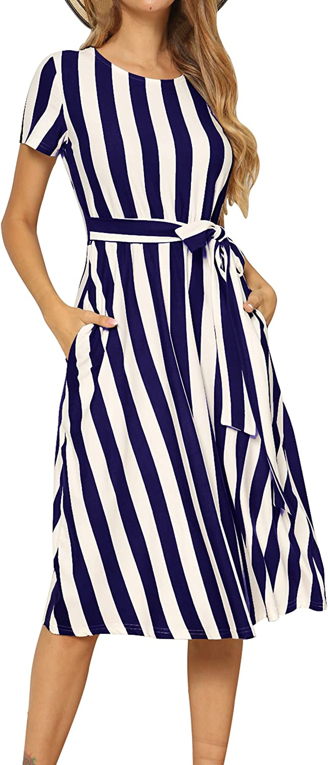 Women's Short Sleeve Striped Casual Flowy Midi Belt Dress with Pockets