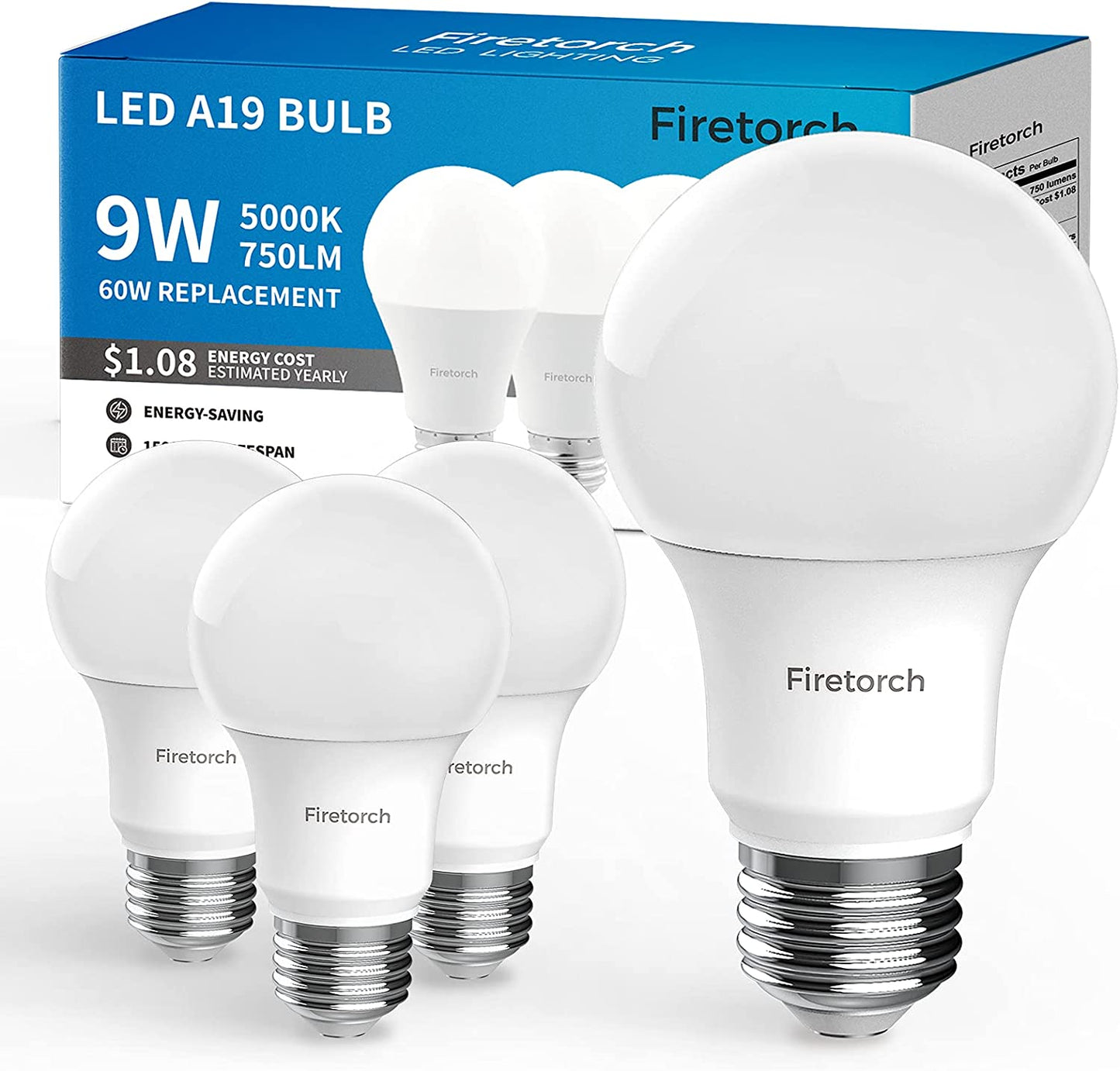 Firetorch A19 Led Bulb,9 W 60W Equivalent, E26 Led Light Bulbs Standard Replacement Bulb 750 Lumen,Non-Dimmable, UL Listed (5000K,4 Pack)