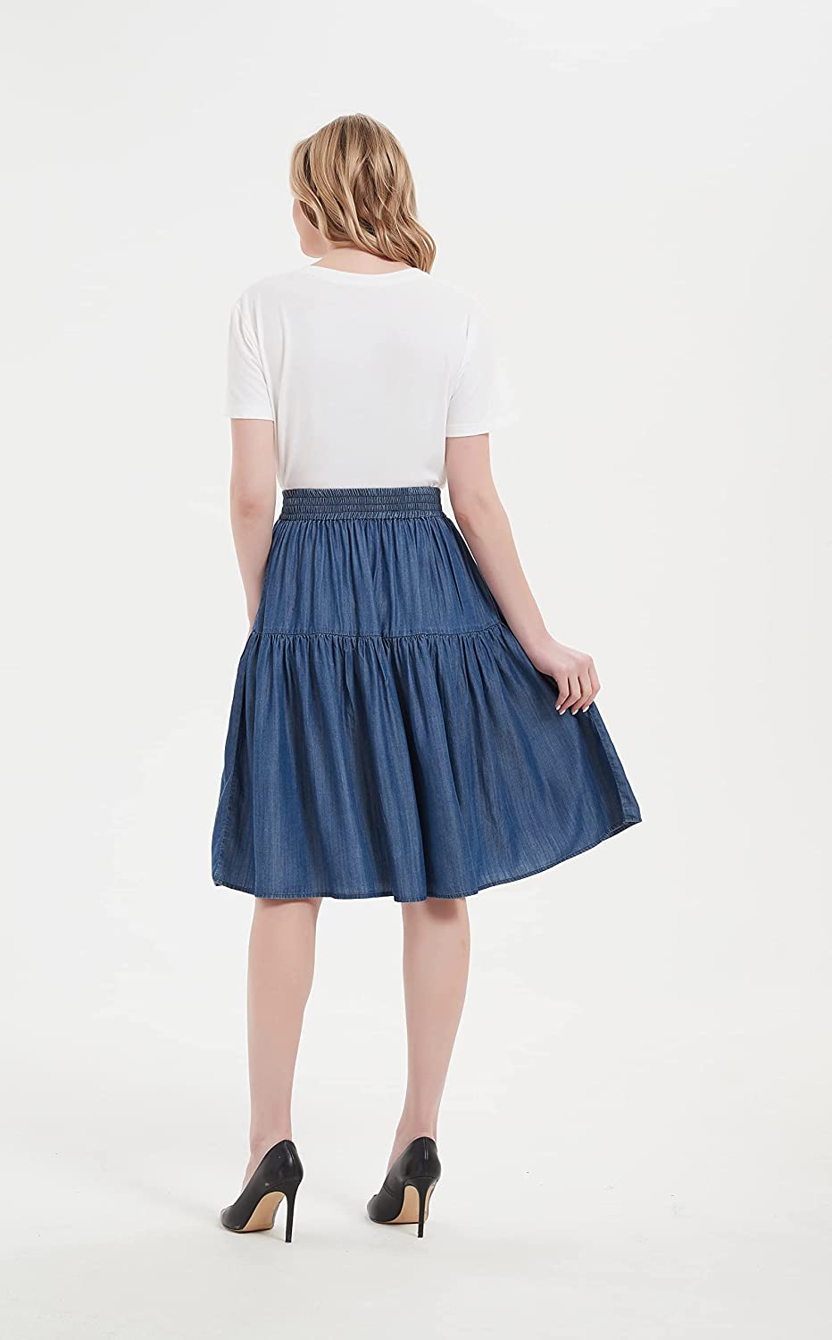 Womens A Line Lightweight Tencel Denim Tiered Short Skirt Knee Length