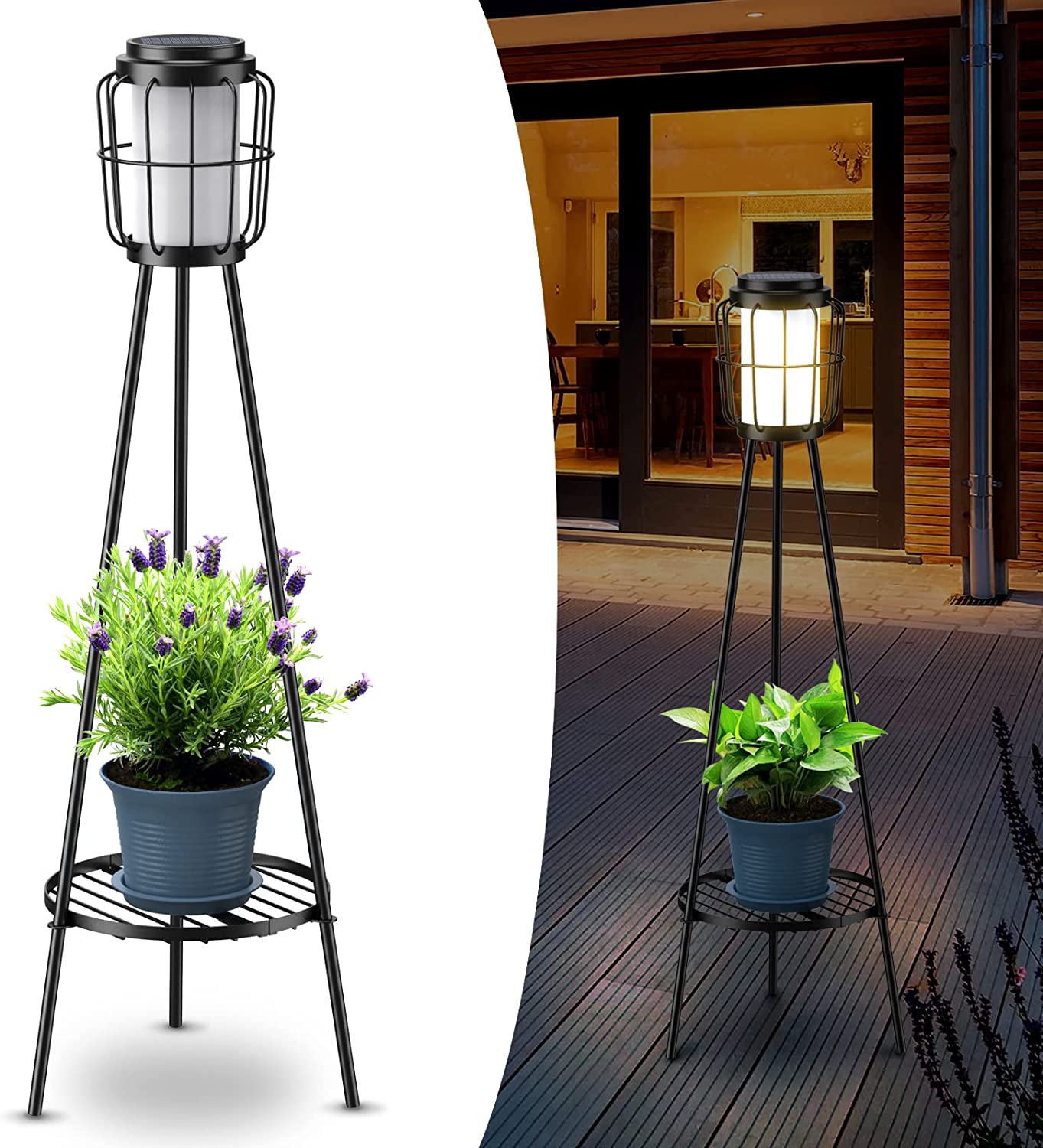 Solar Outdoor Floor Lamp Waterproof (2pcs), Metal Solar Lights Outdoor with Plant Stand, Outdoor Lamp for Deck Patio Yard Garden Decor