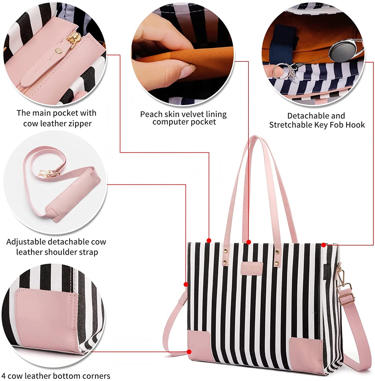 15.6'' Laptop Bag for Women - Set of 2 Shock Absorbent Computer Briefcase Genuine Leather Canvas Messenger Bag with USB