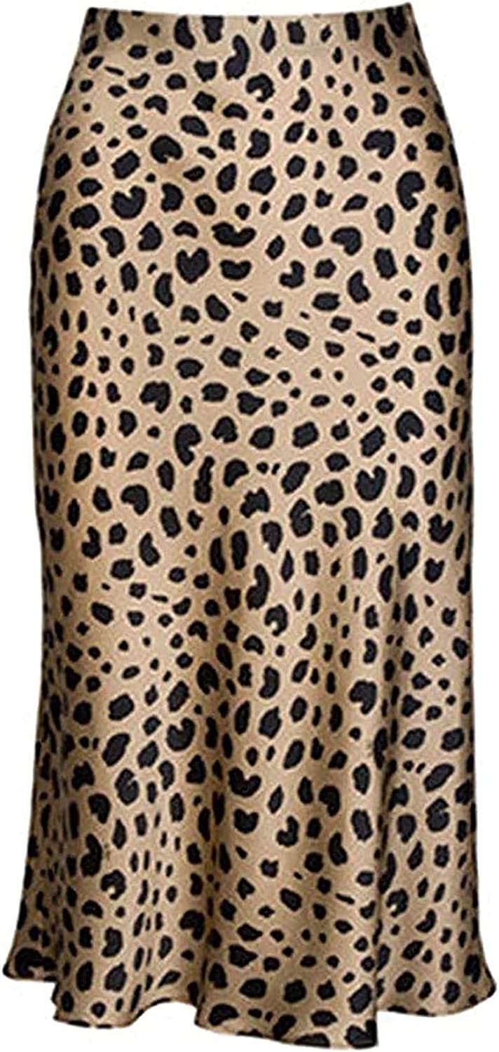 Print Skirt for Women Cheetah High Waist Silk Satin Elasticized Skirts