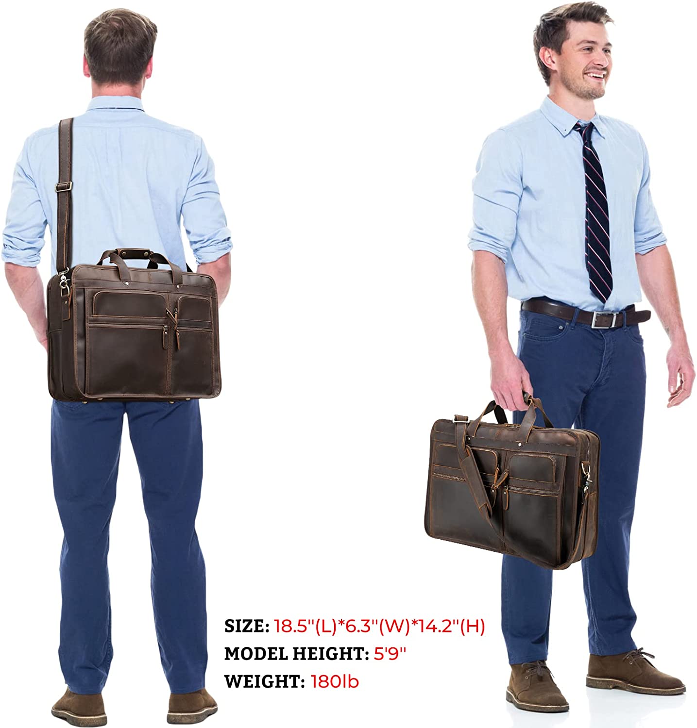 Polare 18.5” Full Grain Leather Laptop Briefcase Messenger Bag Tote For Men Large Fits 17.3” Laptop