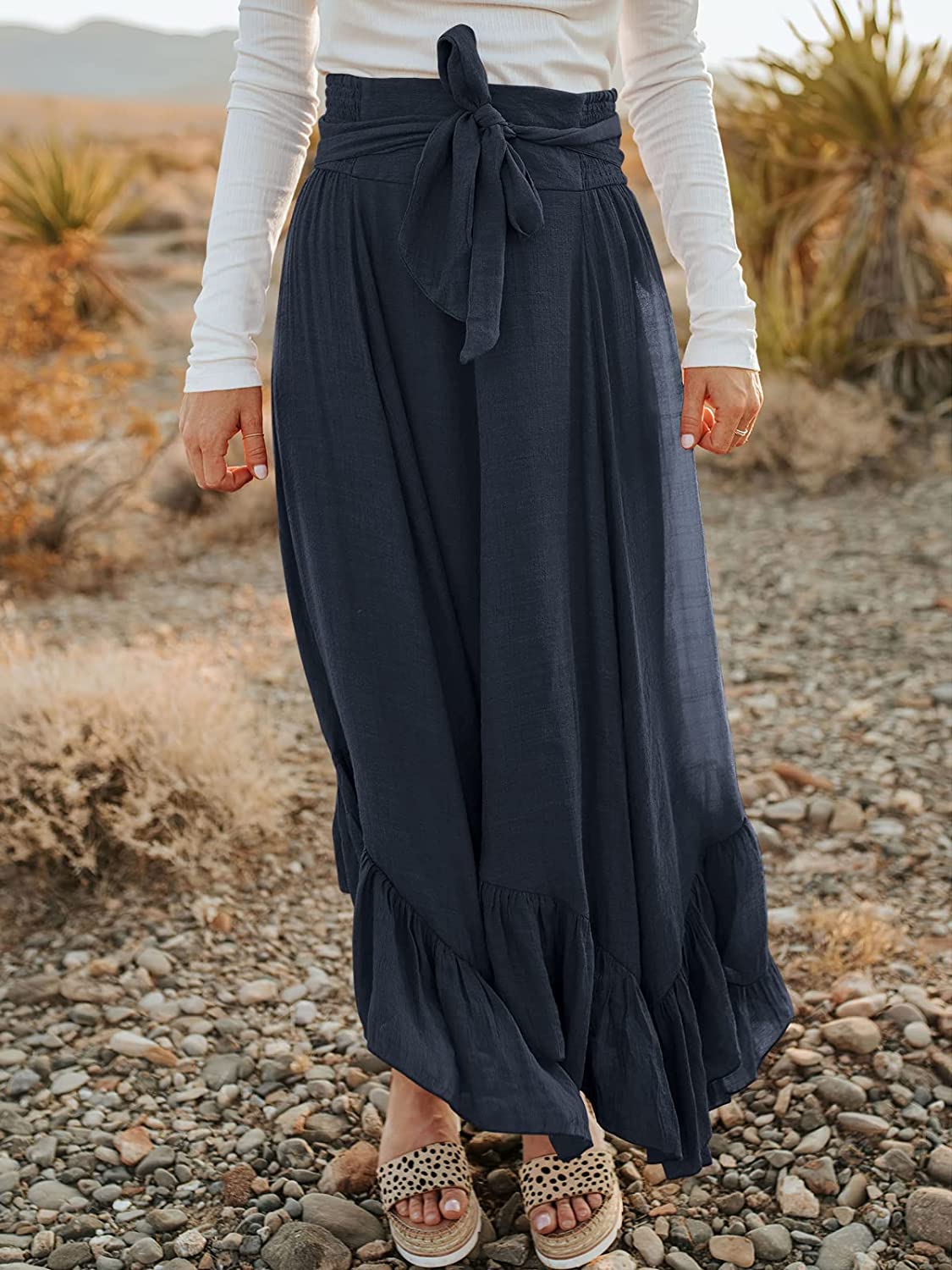 Women’s Maxi Skirt High Waist Tie Front Pleated Flowy Ruffle Asymmetric Long Skirts