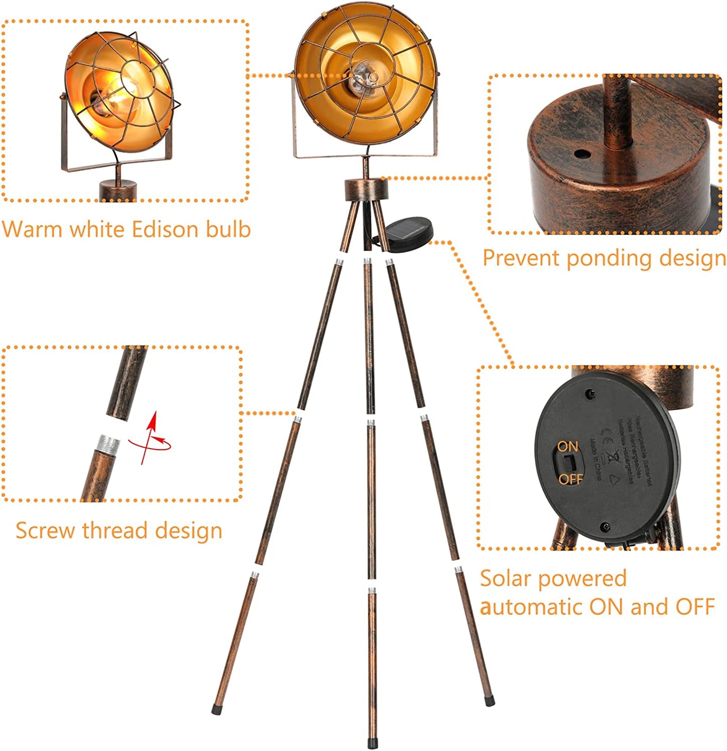 Solar Powered Outdoor Lights Decorative, Solar Pathway Lights Industrial Tripod Floor Lamp Spotlight Standing Solar Powered Lantern with Metal Legs Decor for Garden, Patio, Desk Edison Bulb Included