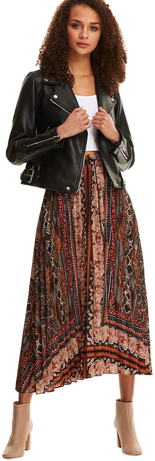 Women's Boho Elastic Waist Scarf Print Pleated Midi Skirt