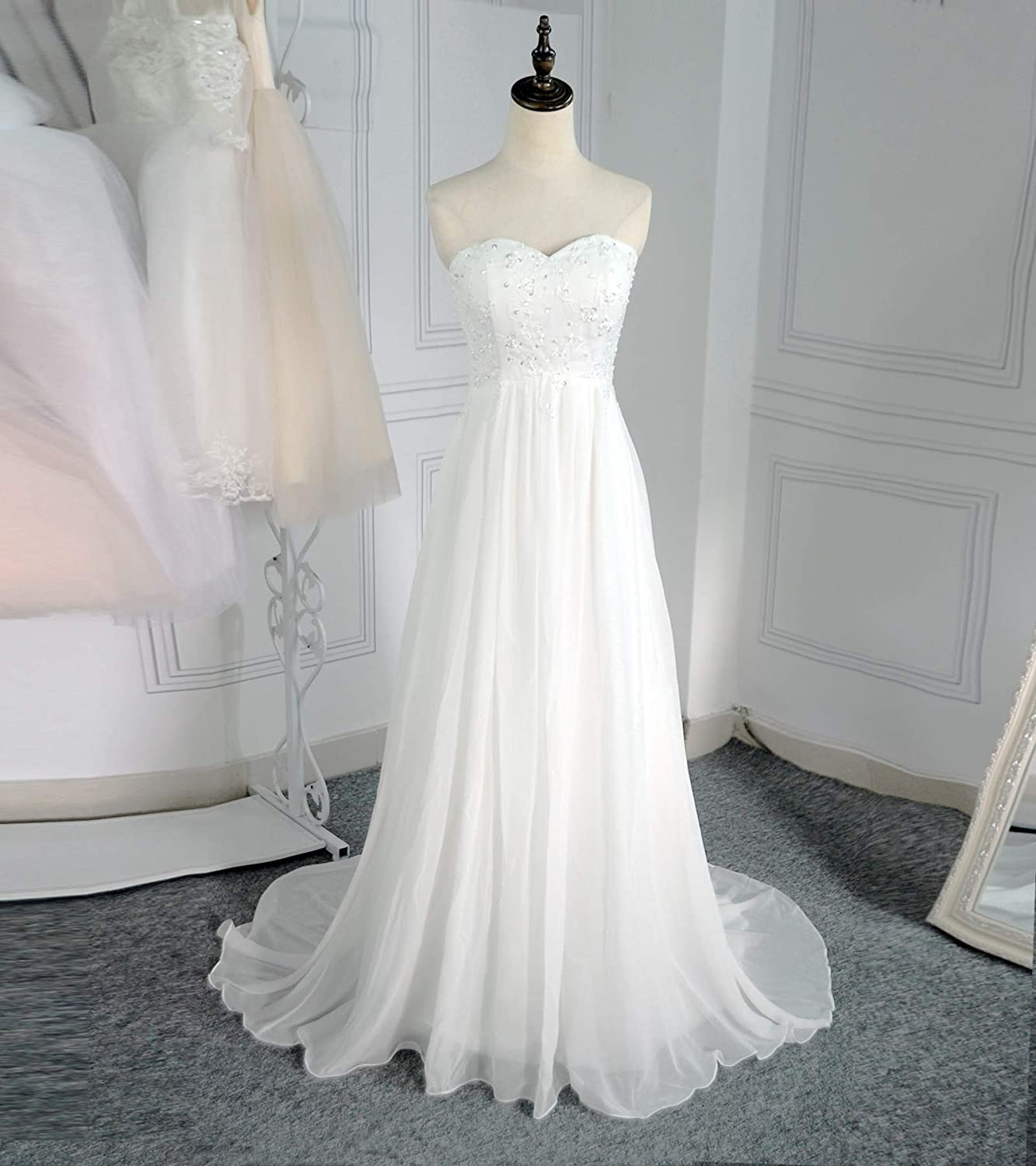 Beach Wedding Dress Plus Size for Woman Long Wedding Dresses Lace Chiffion for Bride Pearls Bride Gowns