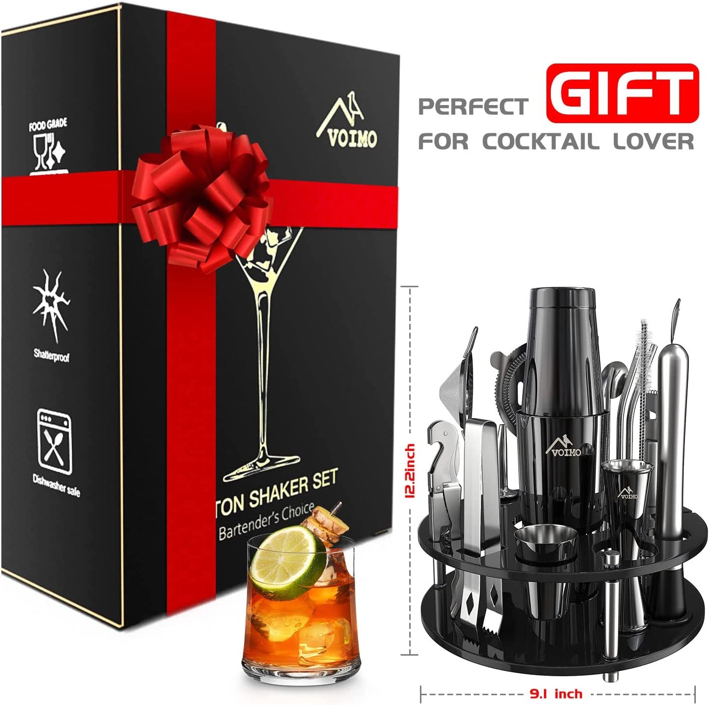 Bartender Kit, VOIMO Premium Cocktail Shaker Boston Shaker Set with Rotating Acrylic Stand & Cocktail Recipes, Bar Tools Set for Home or Professional Bartending, Perfect Cocktail Set for Drink Mixing