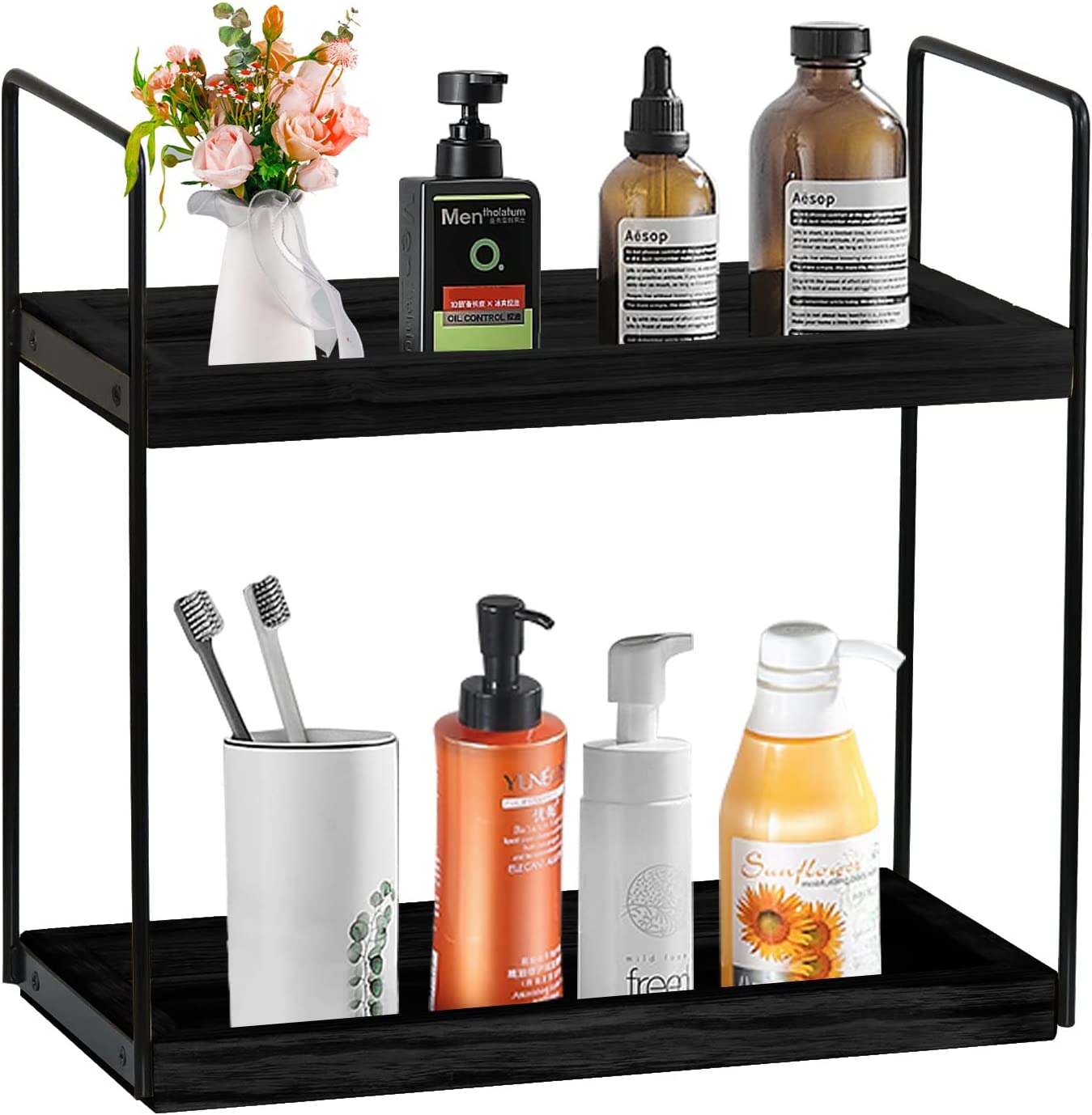 2-Tier Bathroom Organizer Cuntertop, Wood Bathroom Counter Organzier and Storage Shelf, Vanity Organizer Bathroom Counter Tray Cosmetic Makeup Shelf, Kitchen Counter Organizers Spice Rack