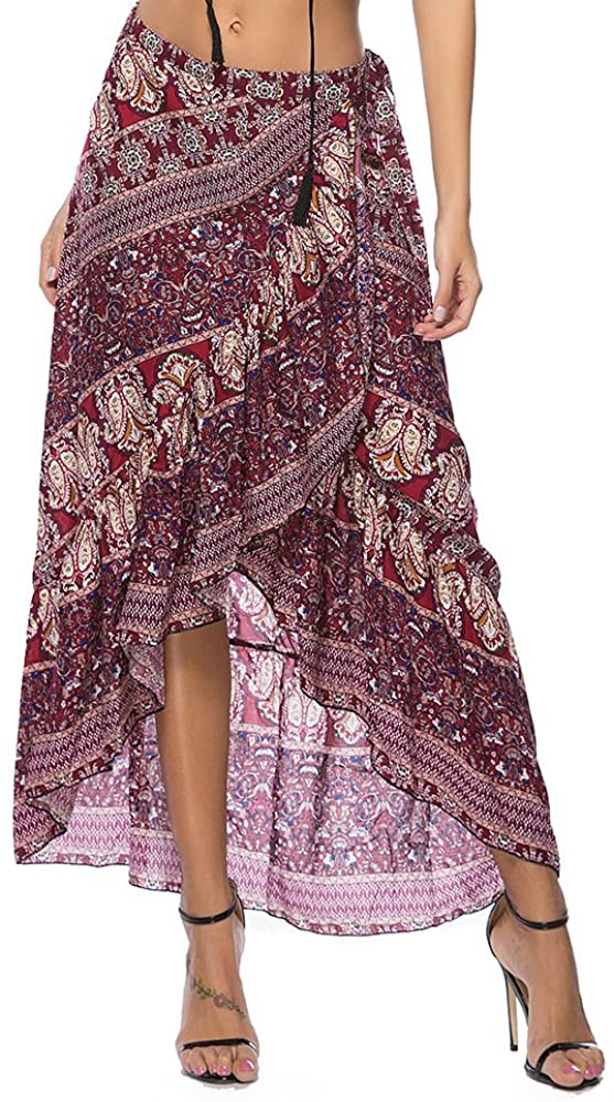 ForeMode Women Boho Print High Waist Side Wrap Bohemian Asymmetric Hem Maxi Long Skirt One Size